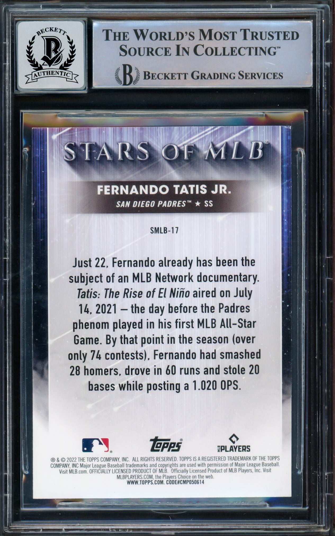 Fernando Tatis Jr. Autographed 2022 Topps Stars of MLB Card #SMLB-17 San Diego Padres Auto Grade Gem Mint 10 Beckett BAS #15775431
