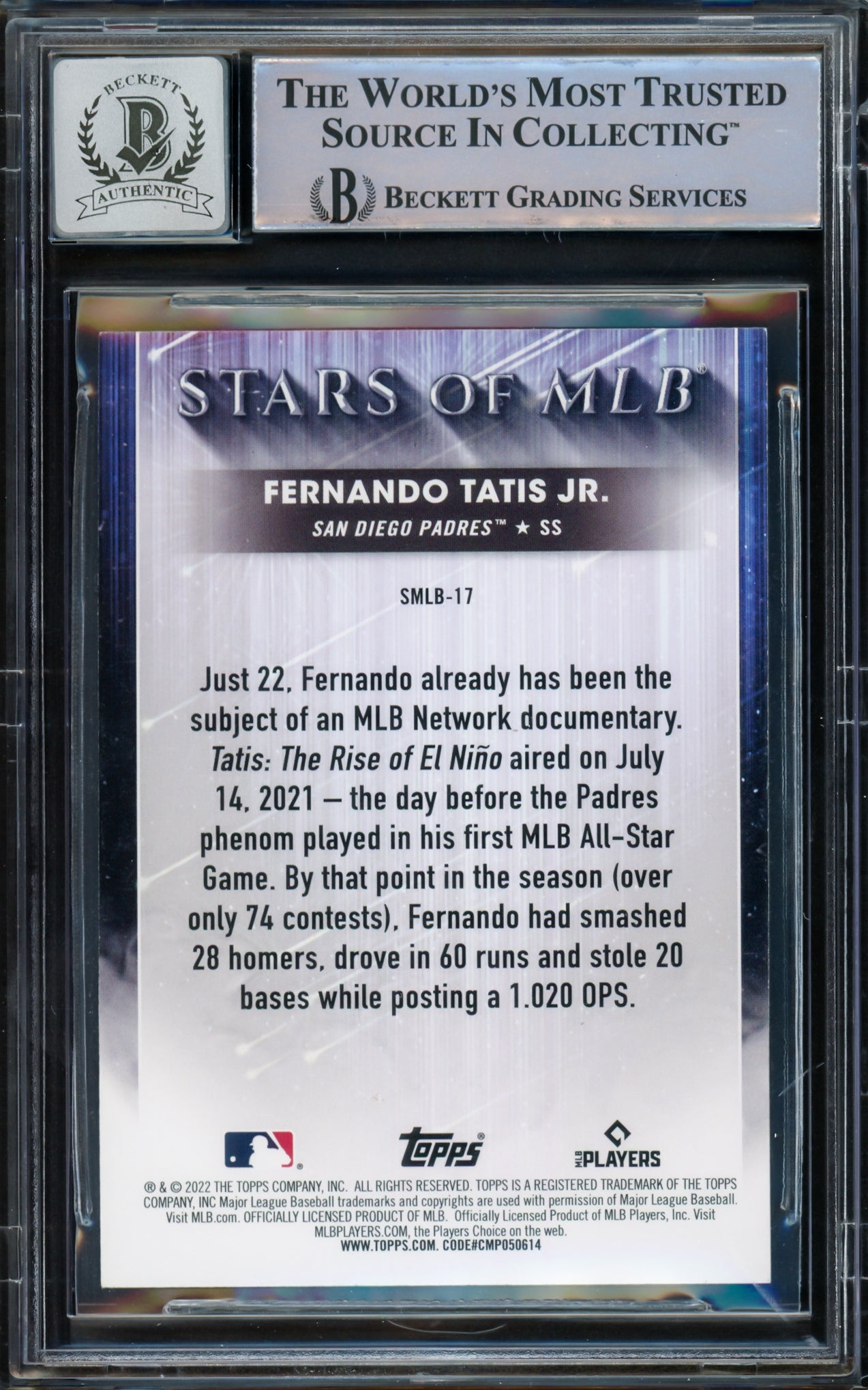 Fernando Tatis Jr. Autographed 2022 Topps Stars of MLB Card #SMLB-17 San Diego Padres Auto Grade Gem Mint 10 Beckett BAS #15775434