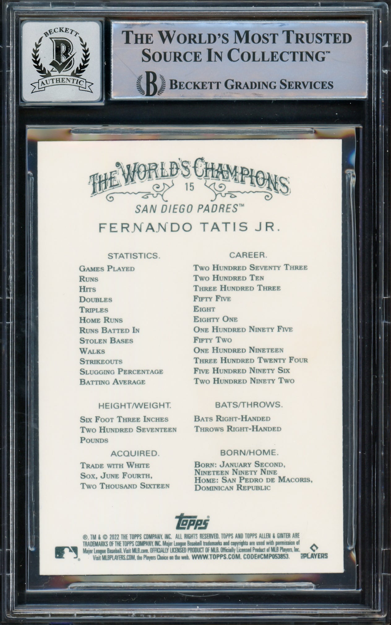 Fernando Tatis Jr. Autographed 2022 Topps Allen & Ginter Card #15 San Diego Padres Auto Grade Gem Mint 10 Beckett BAS #15775436