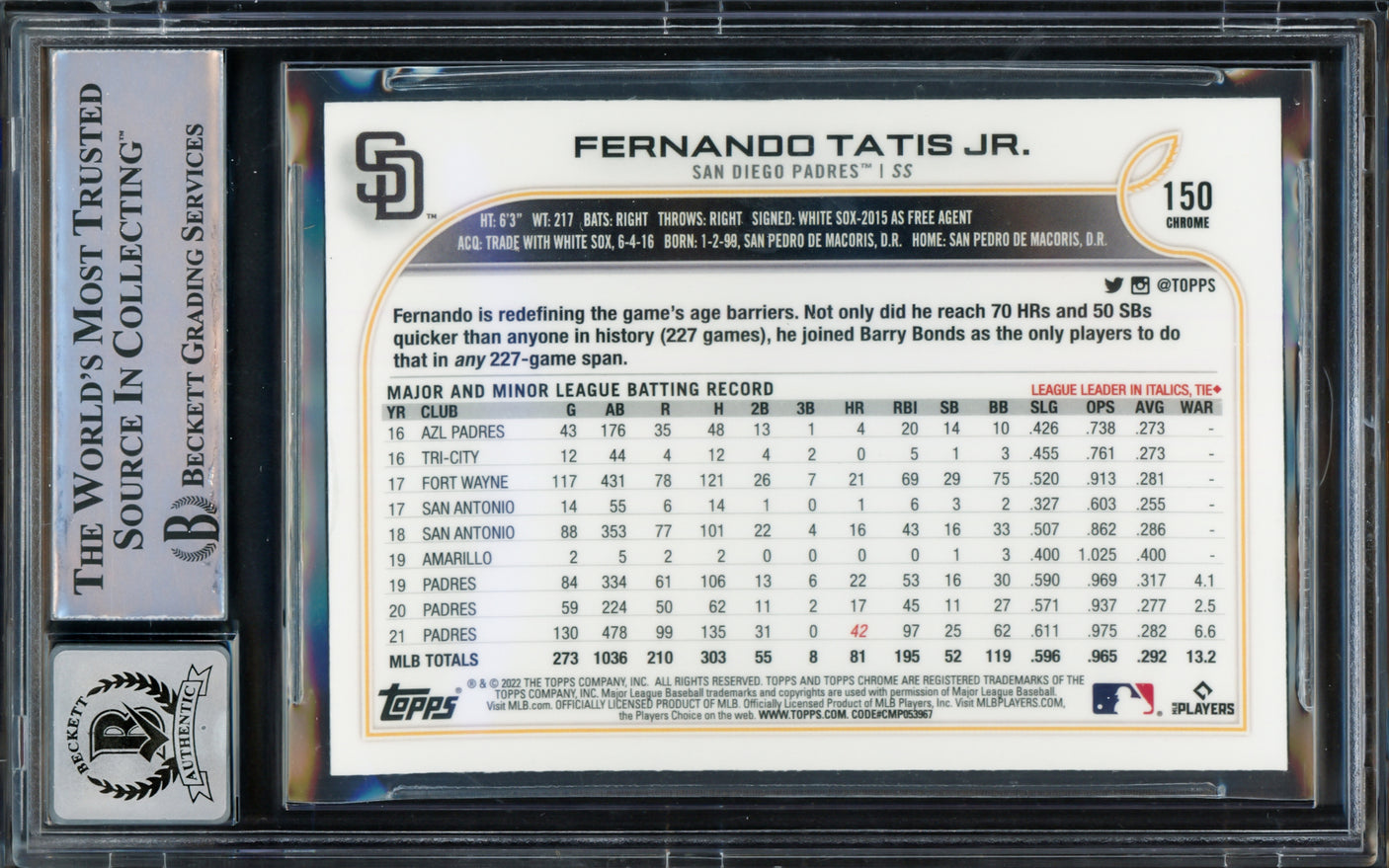 Fernando Tatis Jr. Autographed 2022 Topps Chrome Card #150 San Diego Padres Auto Grade Gem Mint 10 Beckett BAS #15775440