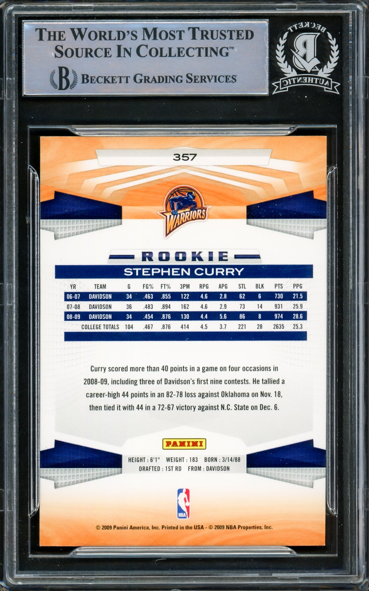 Stephen Curry Autographed 2009-10 Panini Rookie Card #357 Golden State Warriors Beckett BAS #15778824