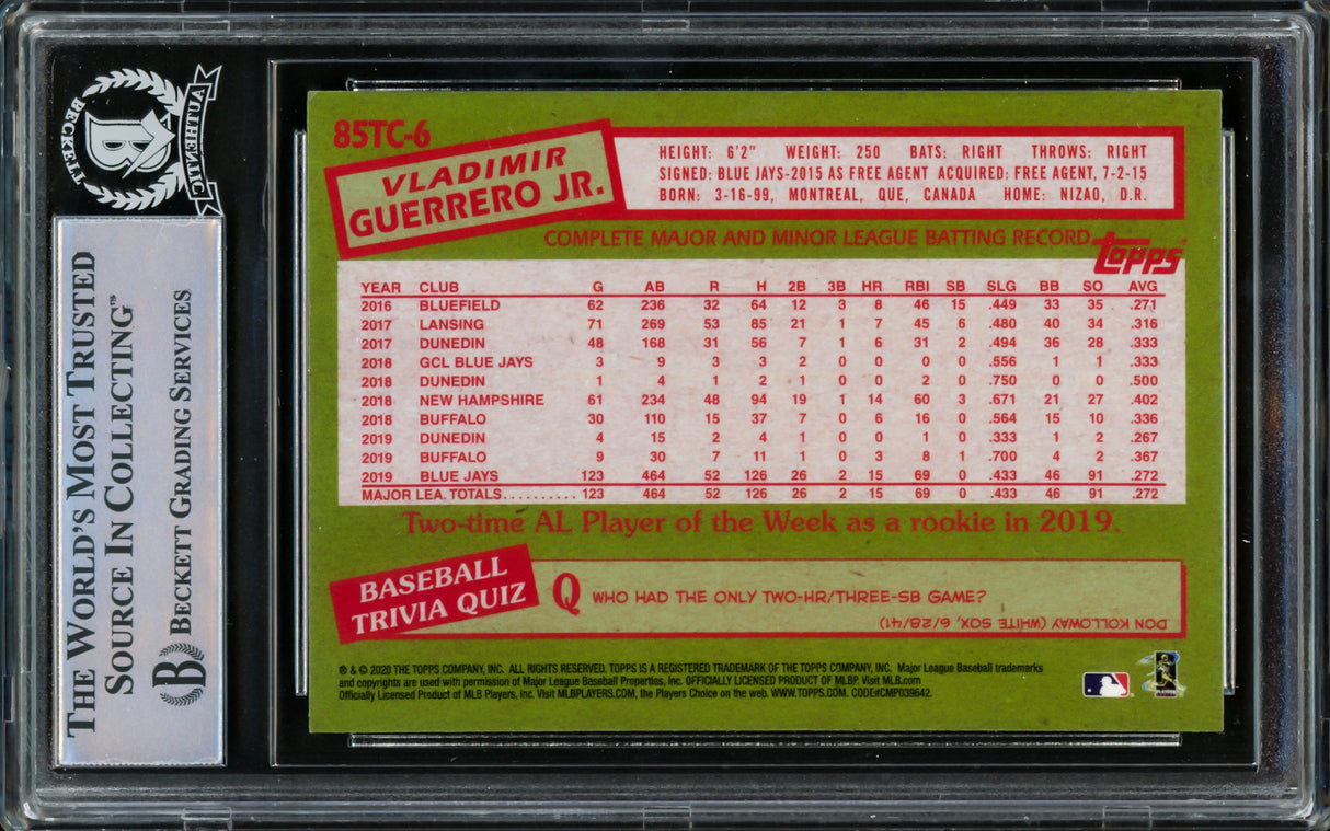 Vladimir Guerrero Jr. Autographed 2020 Topps Chrome Card #85TC-6 Toronto Blue Jays Beckett BAS #15780701