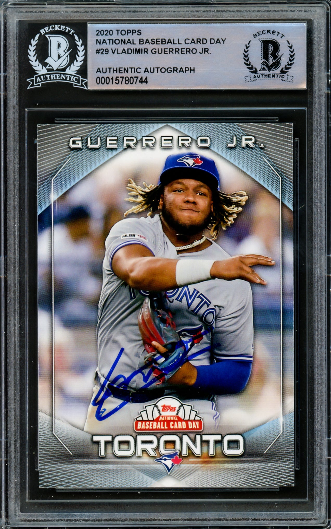 Vladimir Guerrero Jr. Autographed 2020 Topps National Baseball Card Day Card #29 Toronto Blue Jays Beckett BAS #15780744