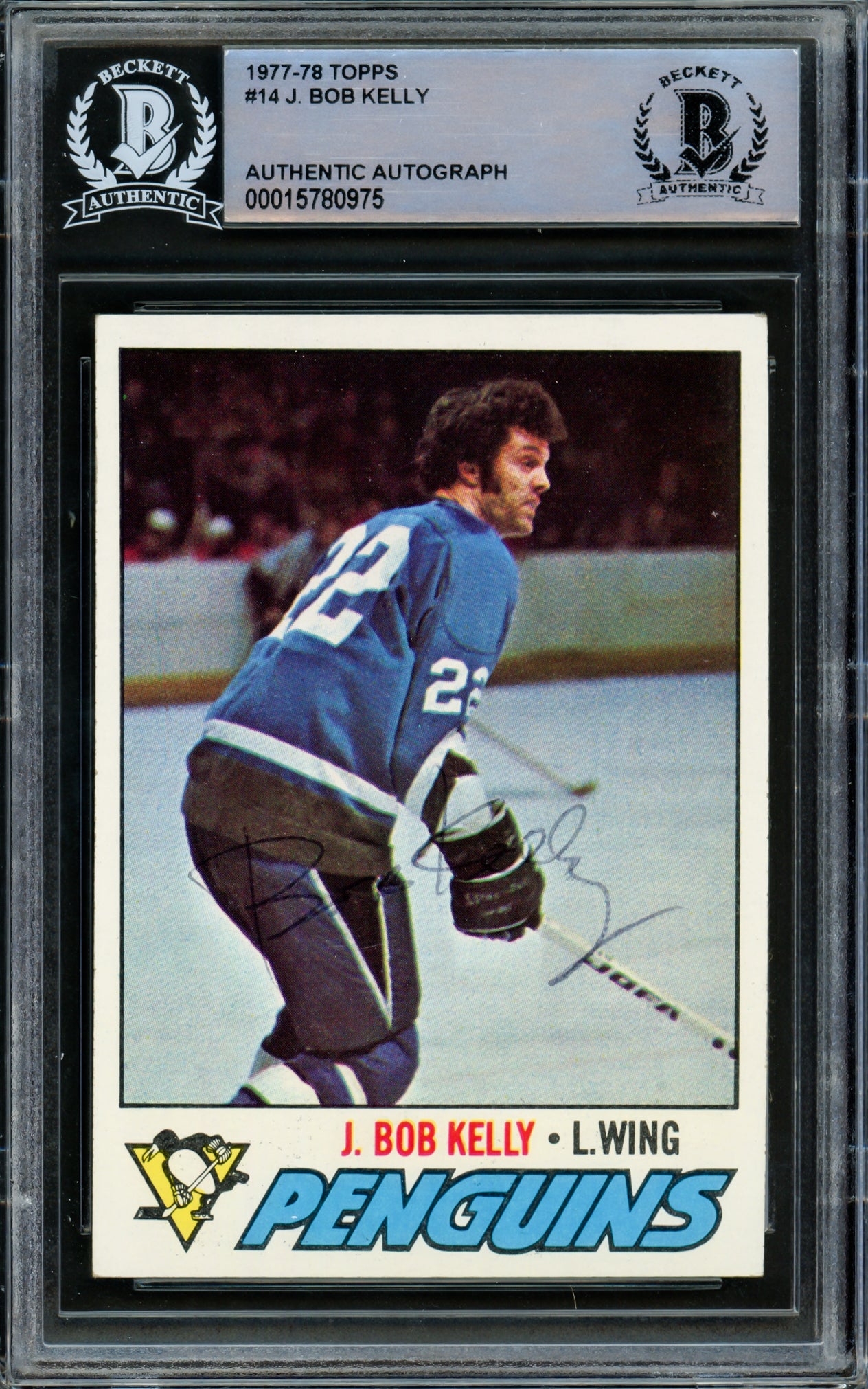 J. Bob Kelly Autographed 1977-78 Topps Card #14 Pittsburgh Penguins Beckett BAS #15780975