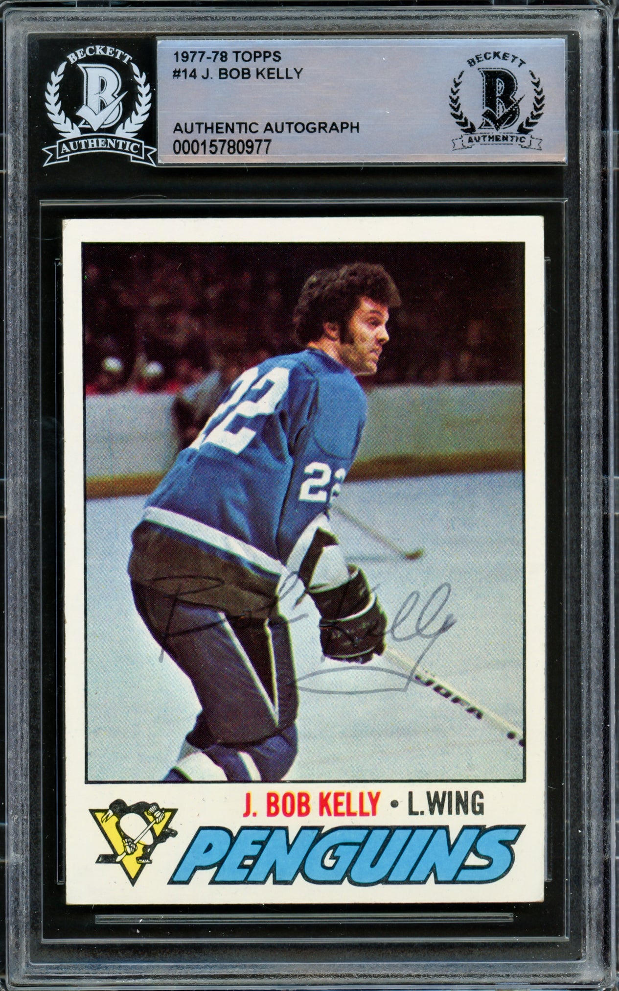 J. Bob Kelly Autographed 1977-78 Topps Card #14 Pittsburgh Penguins Beckett BAS #15780977