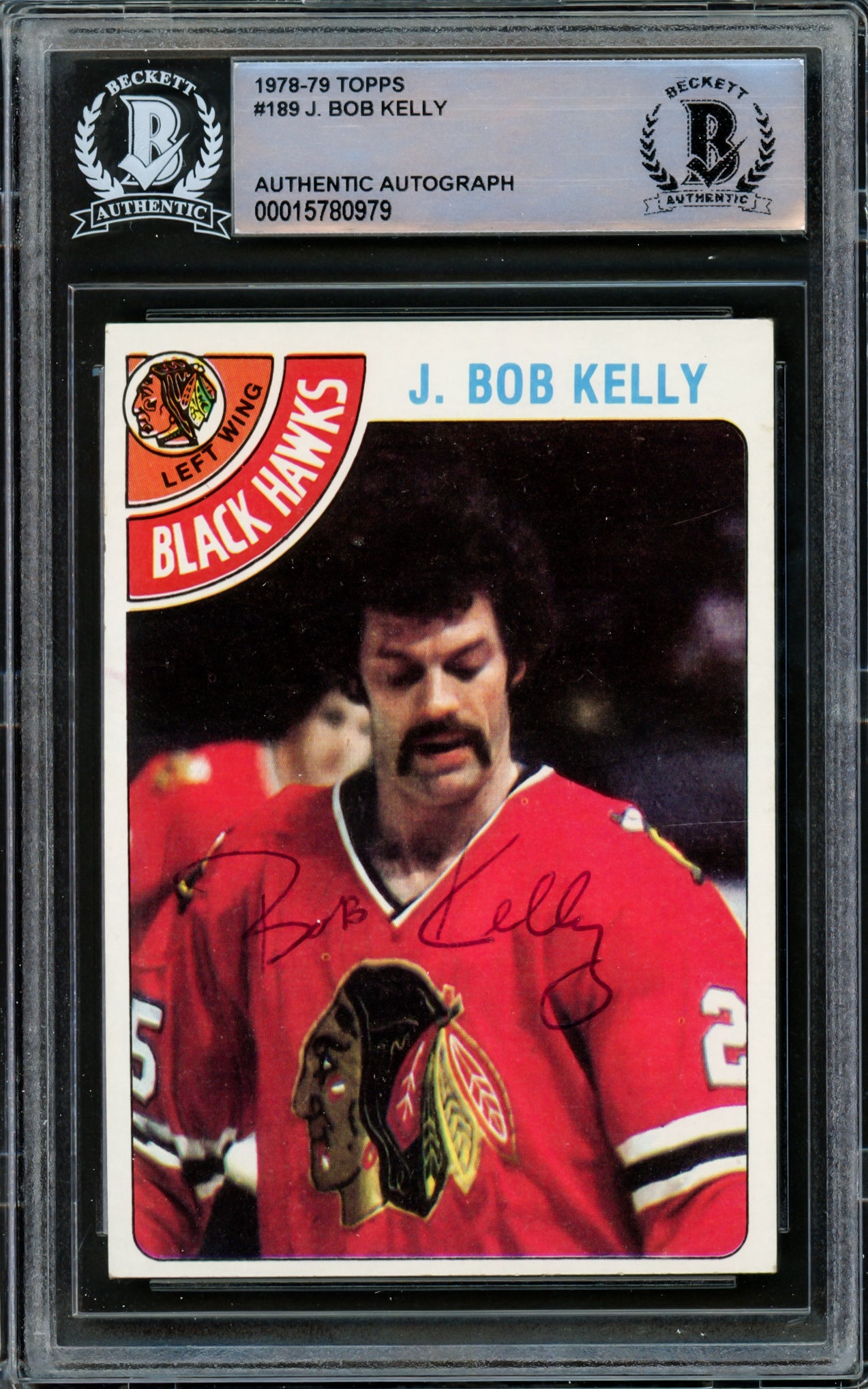 J. Bob Kelly Autographed 1978-79 Topps Card #189 Chicago Blackhawks Beckett BAS #15780979
