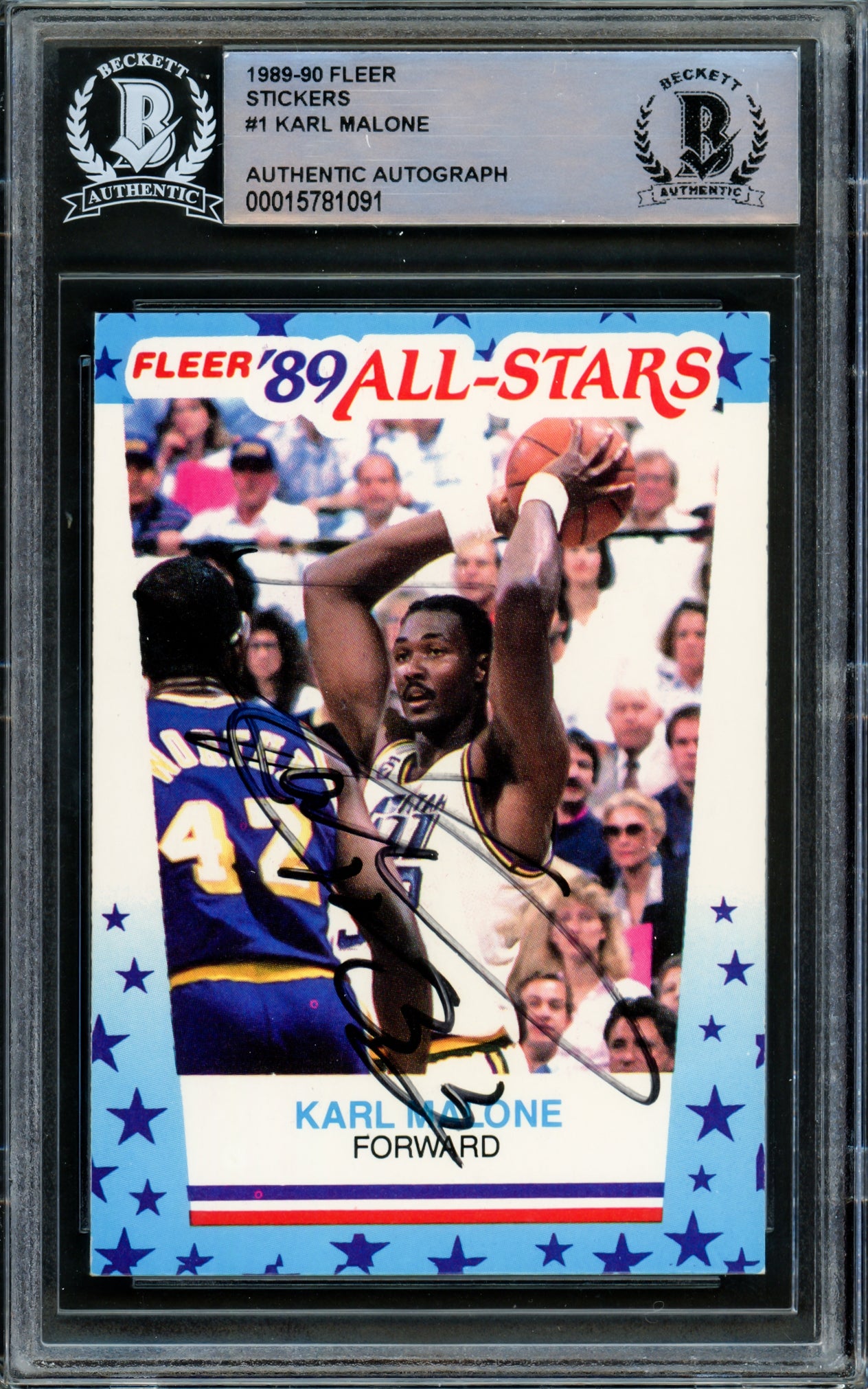 Karl Malone Autographed 1989-90 Fleer Sticker Card #1 Utah Jazz Beckett BAS #15781091