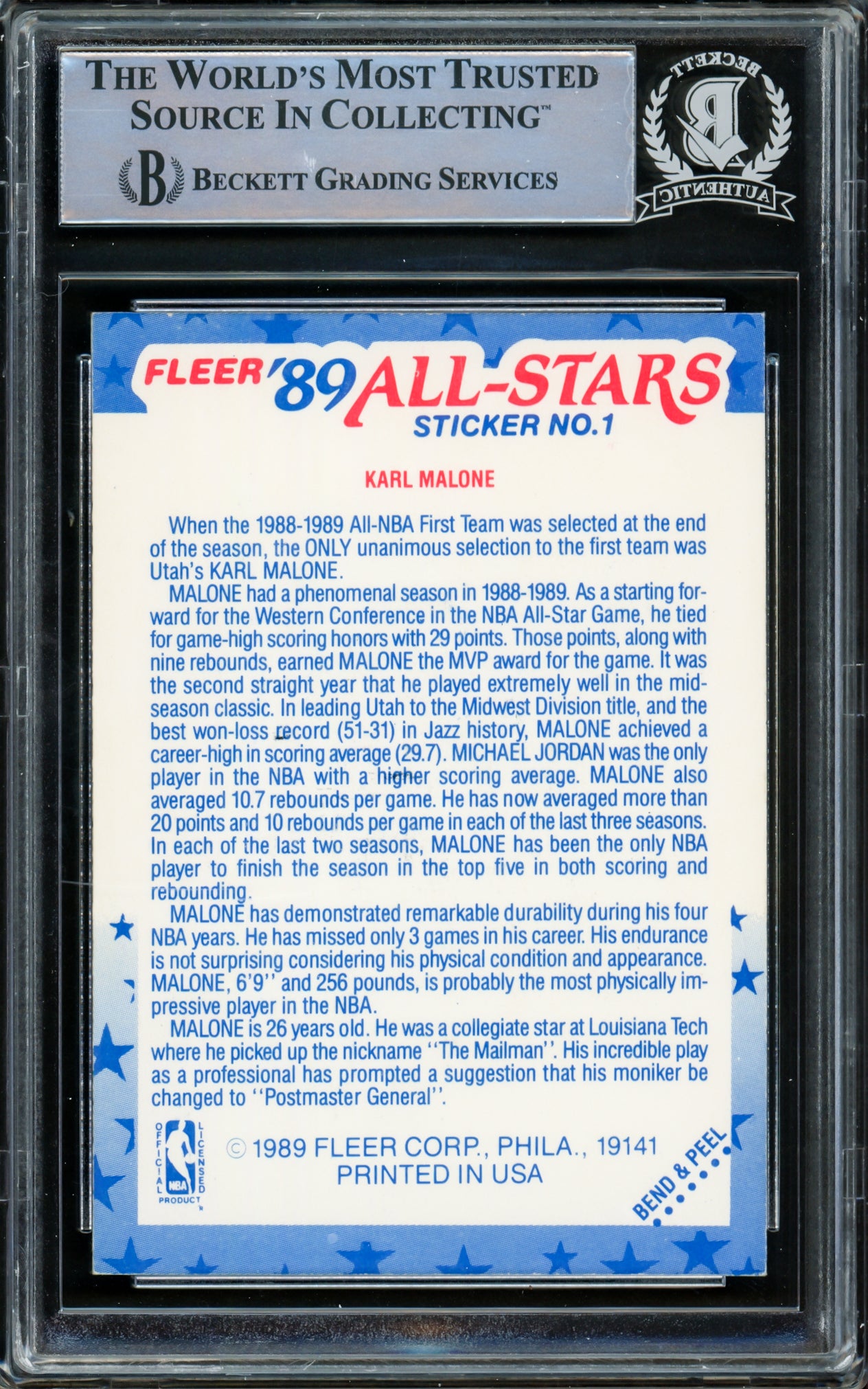 Karl Malone Autographed 1989-90 Fleer Sticker Card #1 Utah Jazz Beckett BAS #15781091