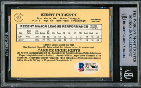 Kirby Puckett Autographed 1985 Donruss Rookie Card #438 Minnesota Twins Vintage Signature Beckett BAS #15781124