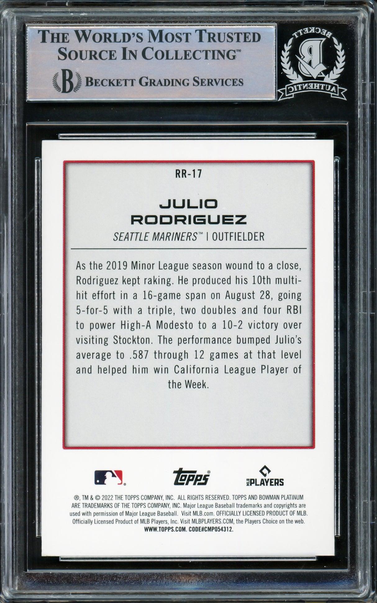 Julio Rodriguez Autographed 2022 Bowman Platinum Renowned Rookies Rookie Card #RR17 Seattle Mariners Beckett BAS #15781431