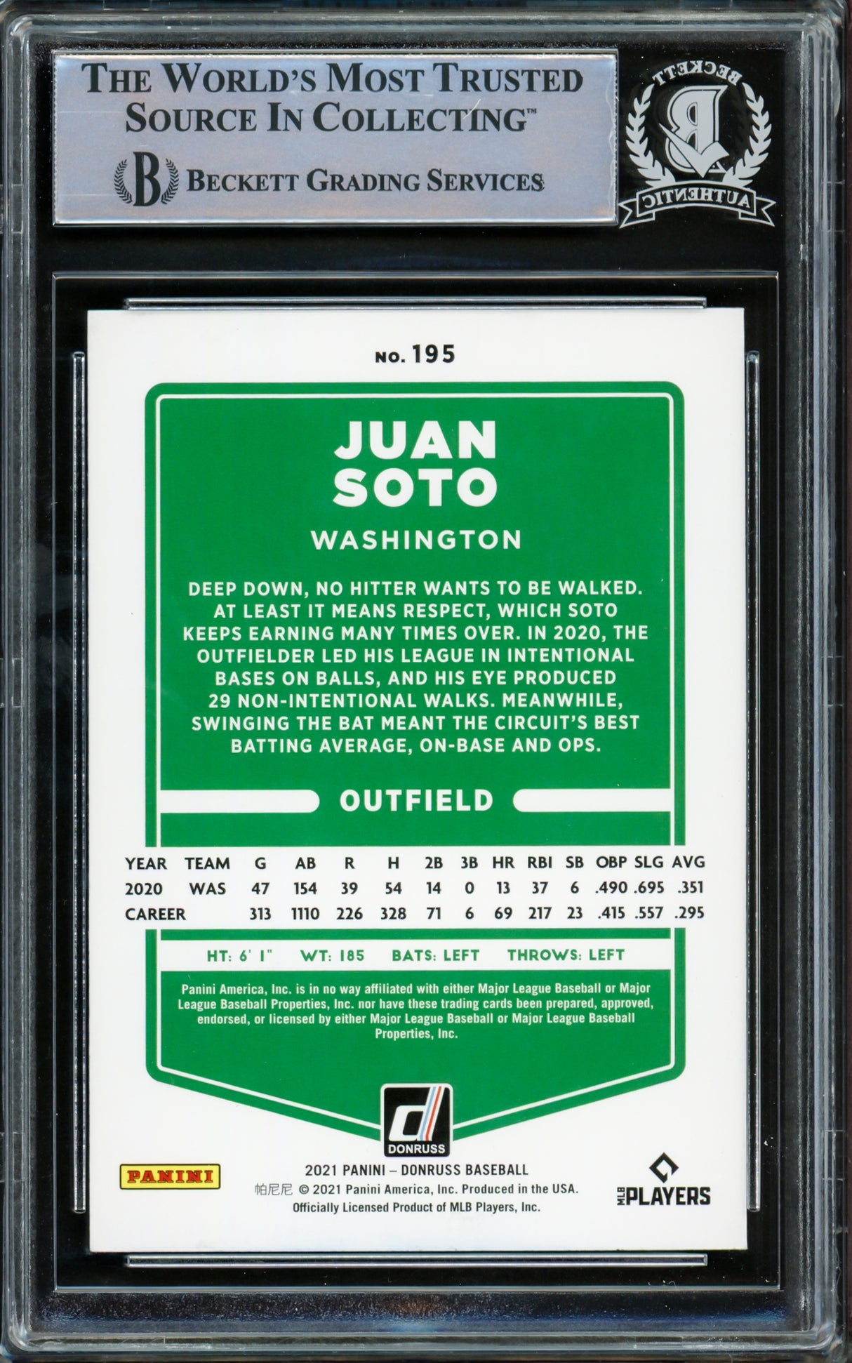 Juan Soto Autographed 2021 Donruss Card #195 New York Mets Beckett BAS #15781713