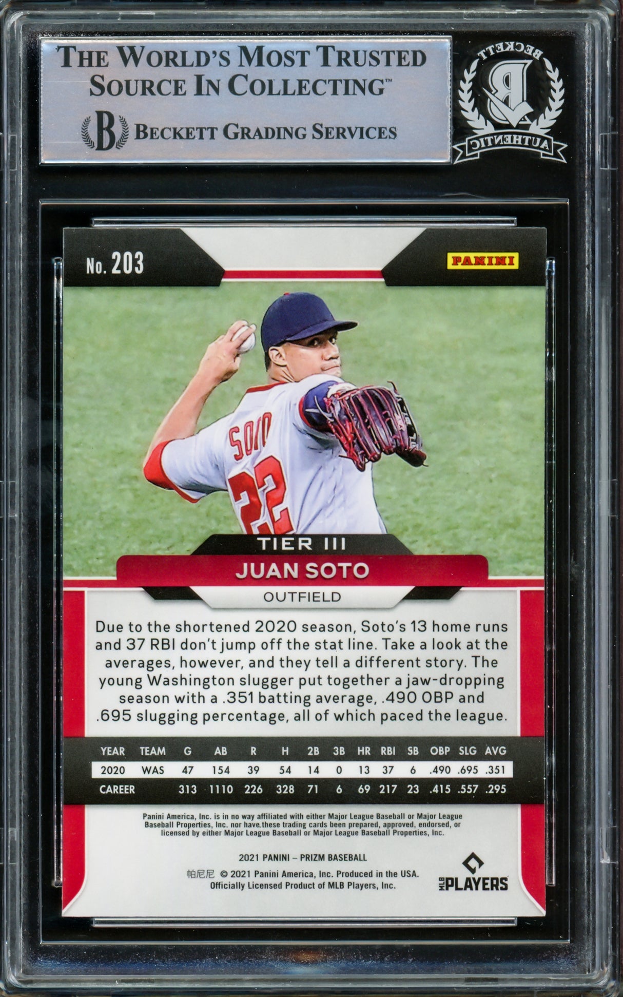 Juan Soto Autographed 2021 Panini Prizm Card #203 New York Mets Beckett BAS #15781719