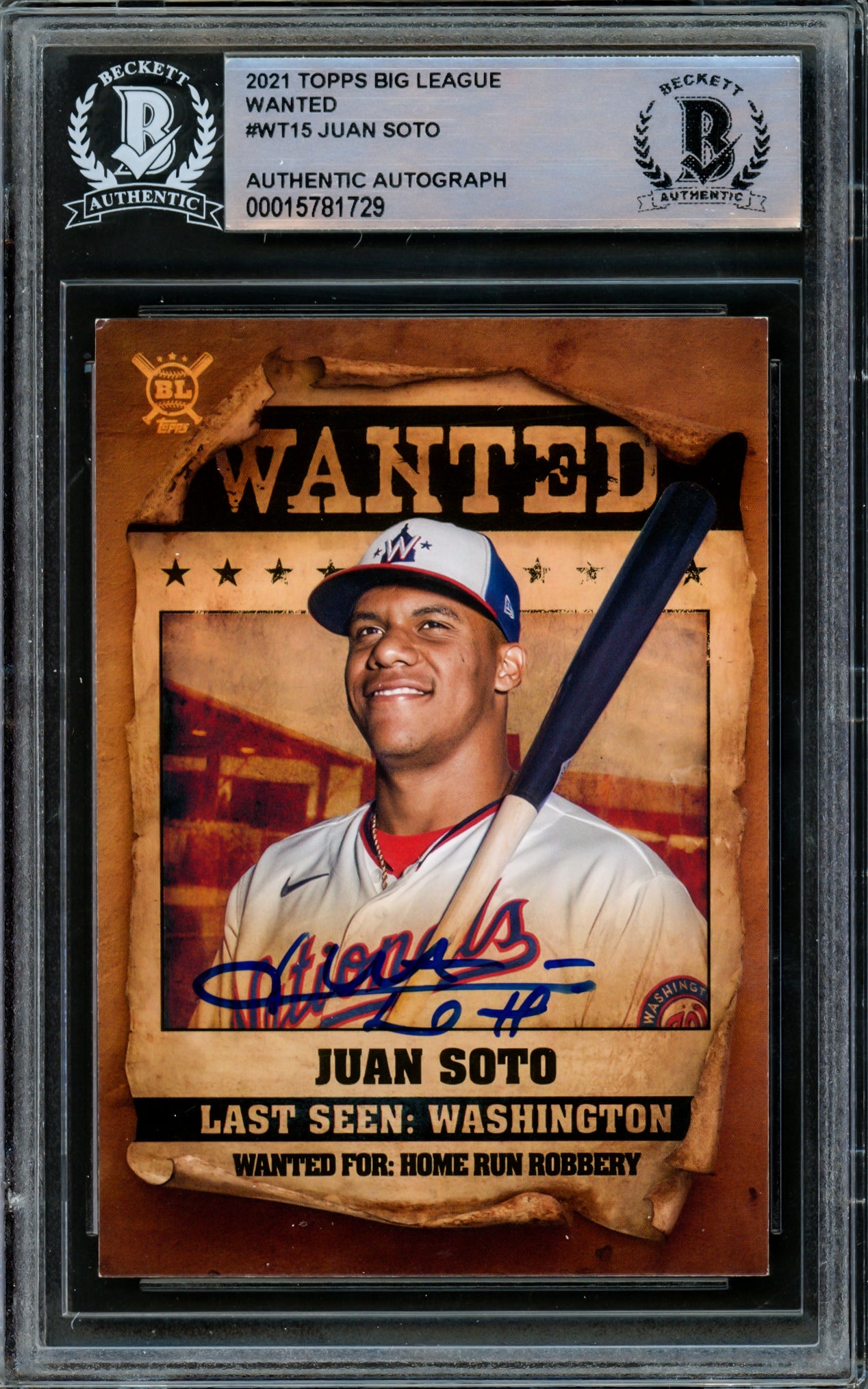 Juan Soto Autographed 2021 Topps Big League Wanted Card #WT-15 New York Mets Beckett BAS #15781729