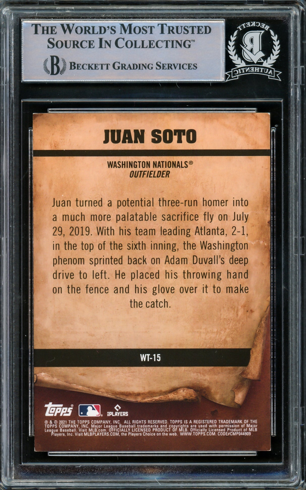Juan Soto Autographed 2021 Topps Big League Wanted Card #WT-15 New York Mets Beckett BAS #15781729
