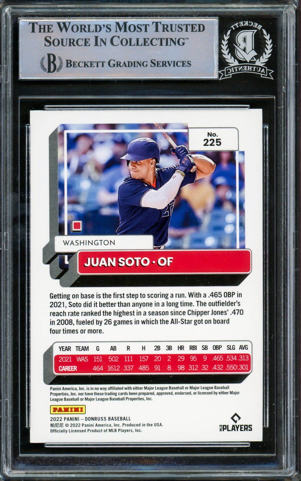Juan Soto Autographed 2022 Donruss Card #225 New York Mets Beckett BAS #15781730