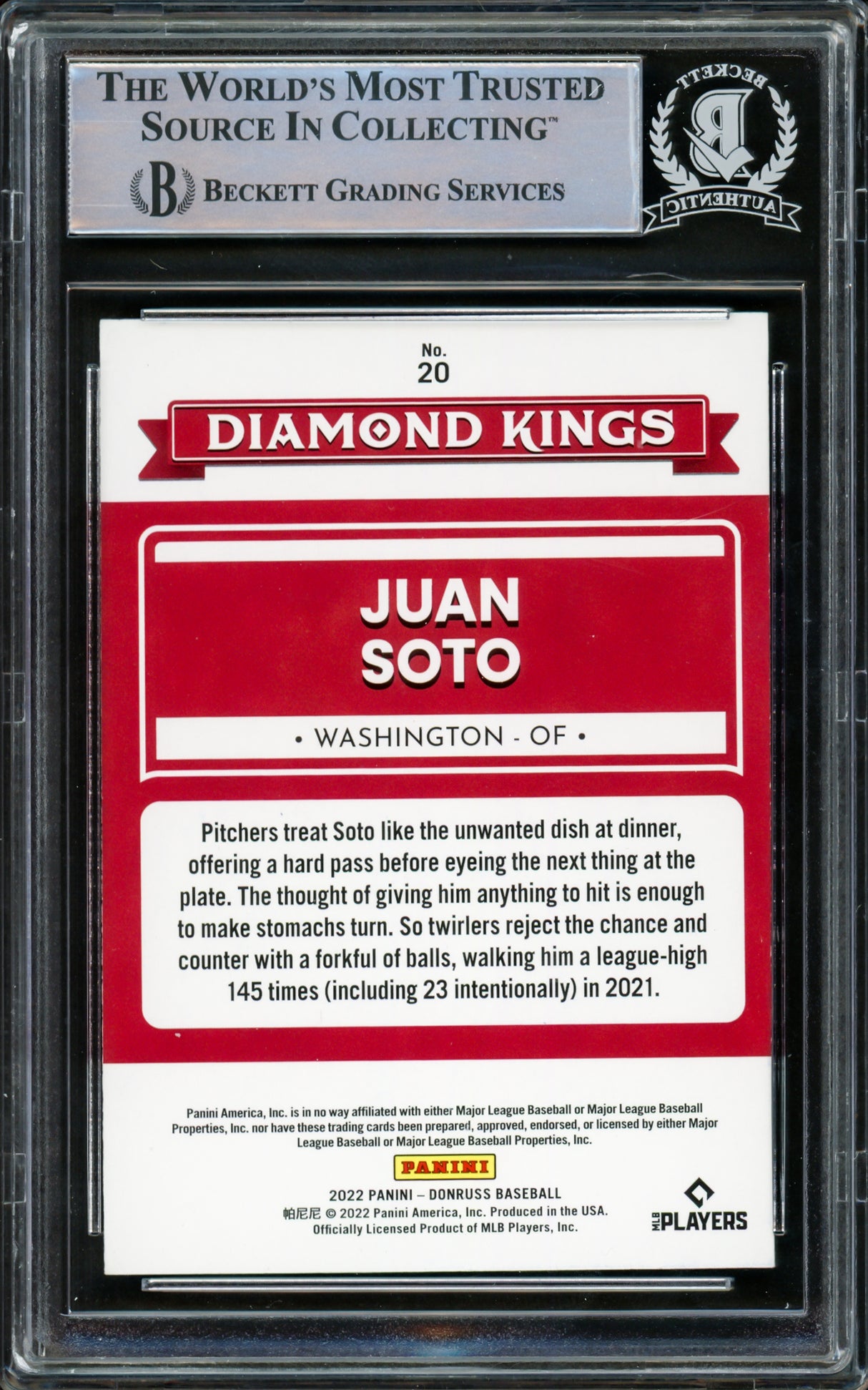 Juan Soto Autographed 2022 Donruss Diamond Kings Card #20 New York Mets Beckett BAS #15781731