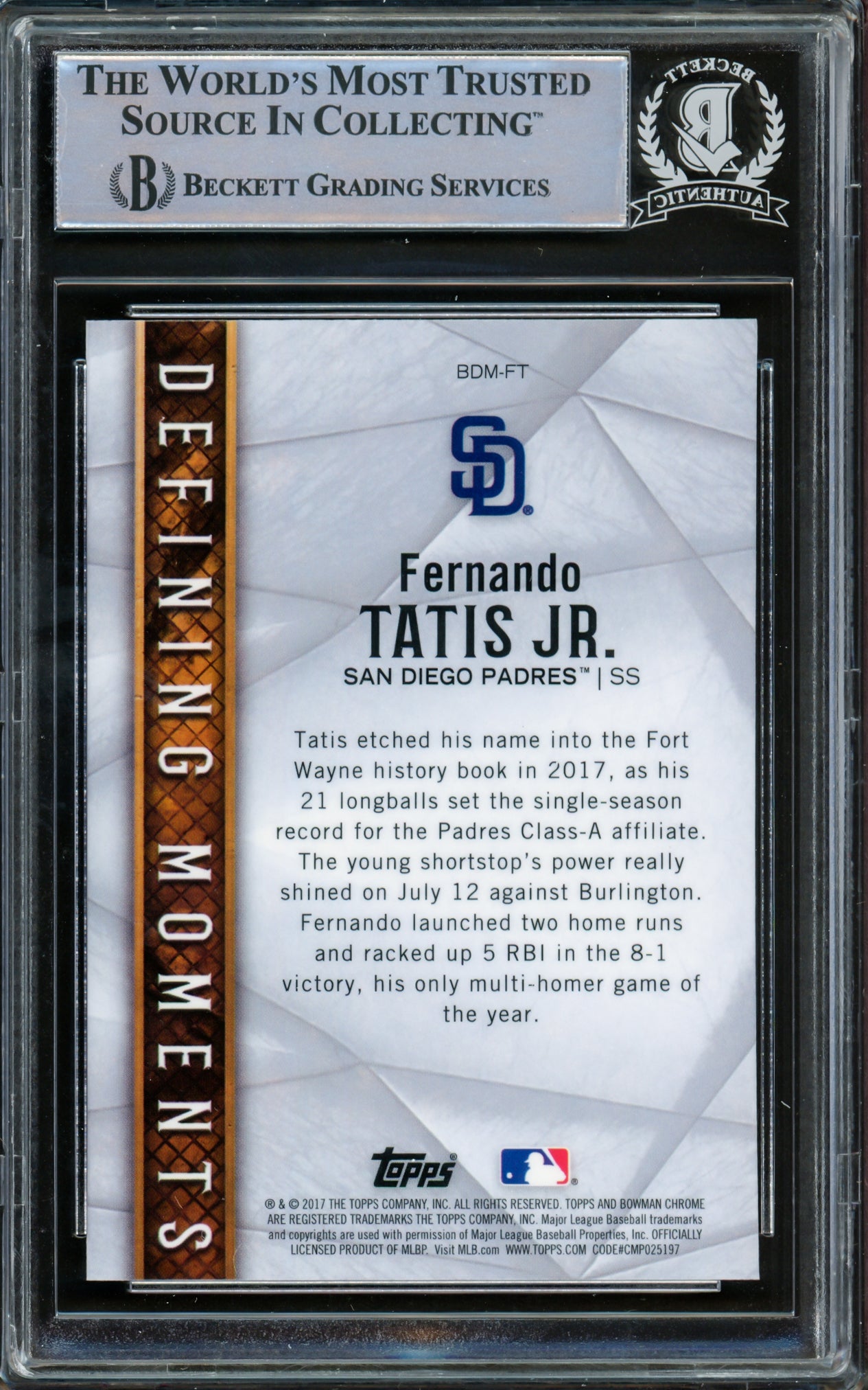 Fernando Tatis Jr. Autographed 2017 Bowman Chrome Draft Defining Moments Rookie Card #BDMFT San Diego Padres Beckett BAS #15781963