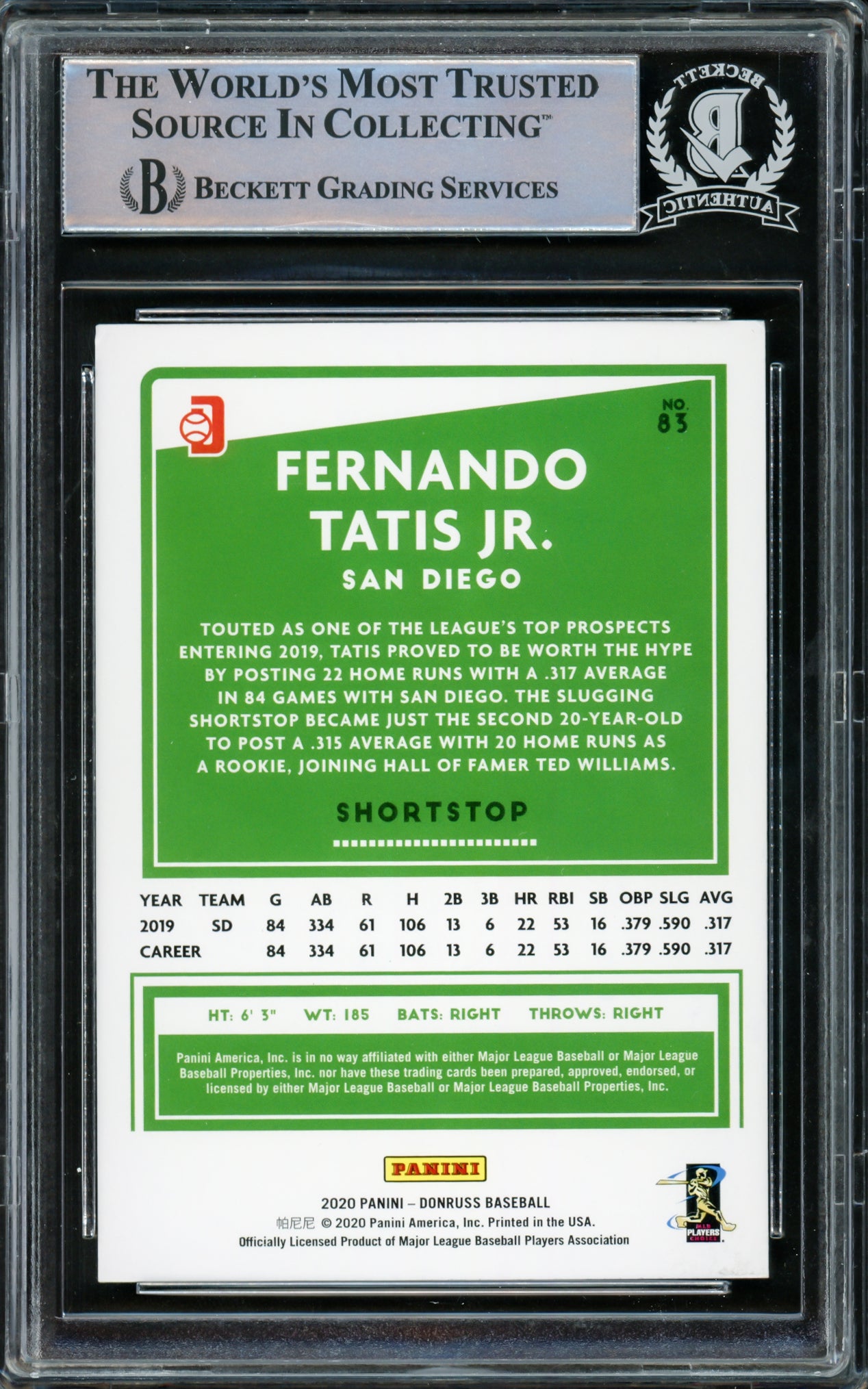 Fernando Tatis Jr. Autographed 2020 Donruss Variations Card #83 San Diego Padres Beckett BAS #15782100