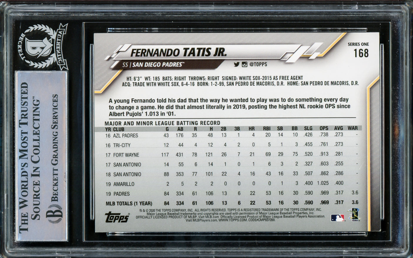 Fernando Tatis Jr. Autographed 2020 Topps Card #168 San Diego Padres Beckett BAS #15782106