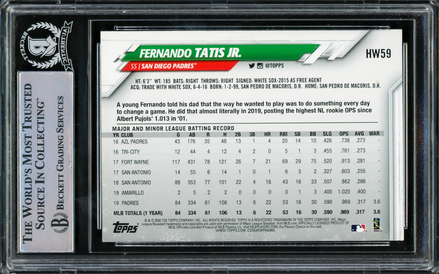 Fernando Tatis Jr. Autographed 2020 Topps Holiday Card #HW59 San Diego Padres Beckett BAS #15782108