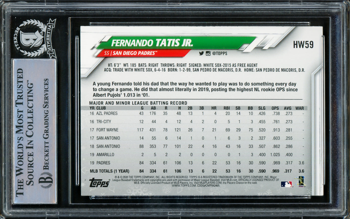 Fernando Tatis Jr. Autographed 2020 Topps Holiday Card #HW59 San Diego Padres Beckett BAS #15782109
