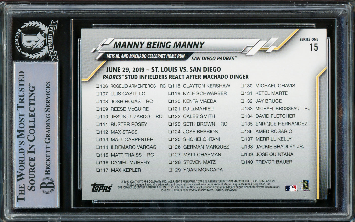 Fernando Tatis Jr. Autographed 2020 Topps Card #15 San Diego Padres Beckett BAS #15782115