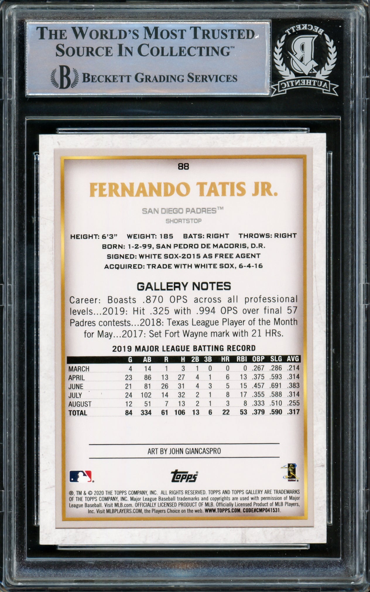 Fernando Tatis Jr. Autographed 2020 Topps Gallery Card #88 San Diego Padres Beckett BAS #15782132