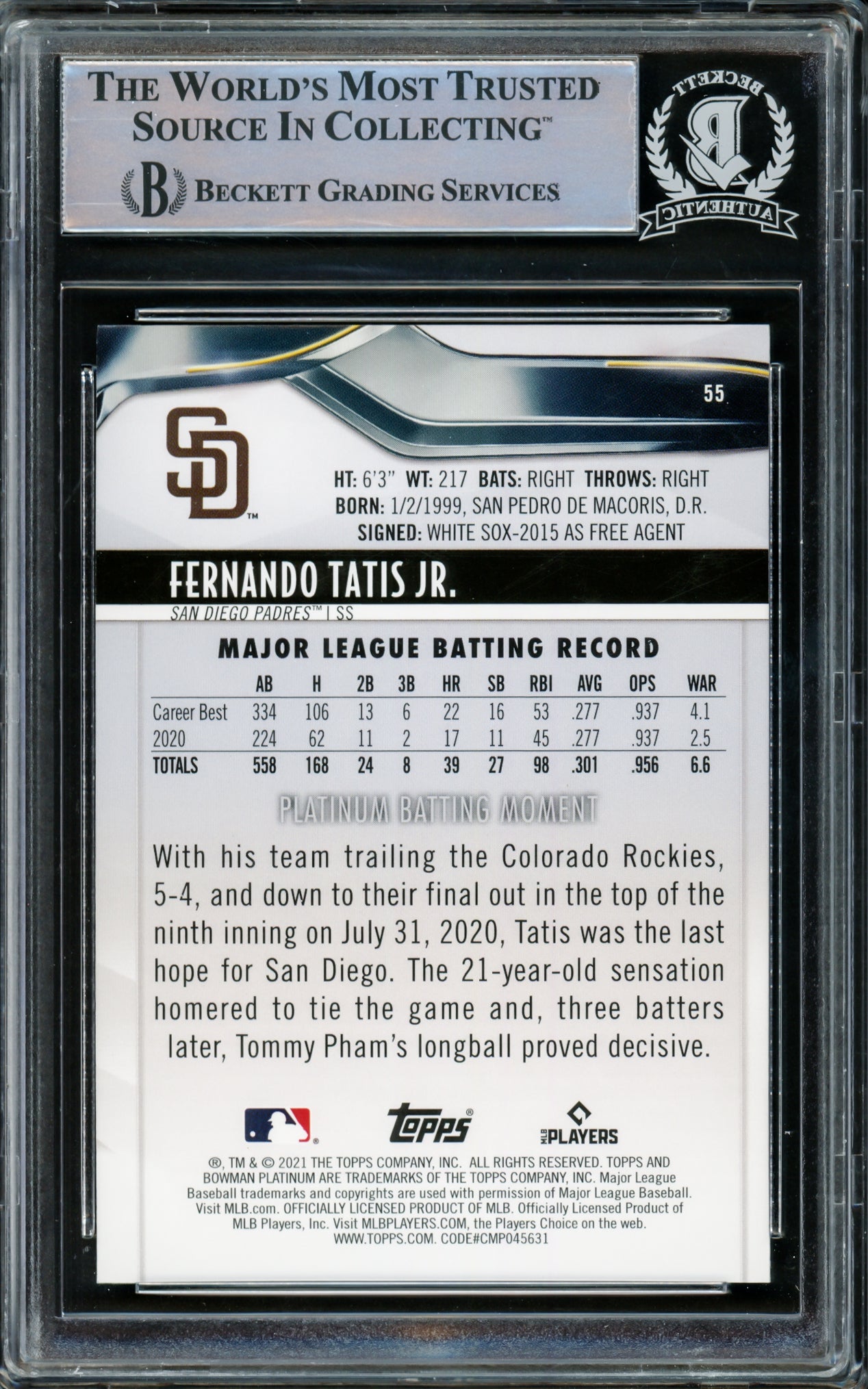 Fernando Tatis Jr. Autographed 2021 Bowman Platinum Ice Foil Card #55 San Diego Padres Beckett BAS #15782246