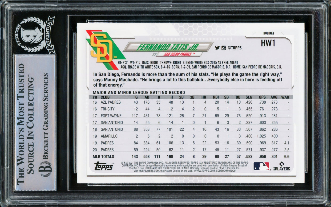 Fernando Tatis Jr. Autographed 2021 Topps Holiday Card #HW1 San Diego Padres Beckett BAS #15782263