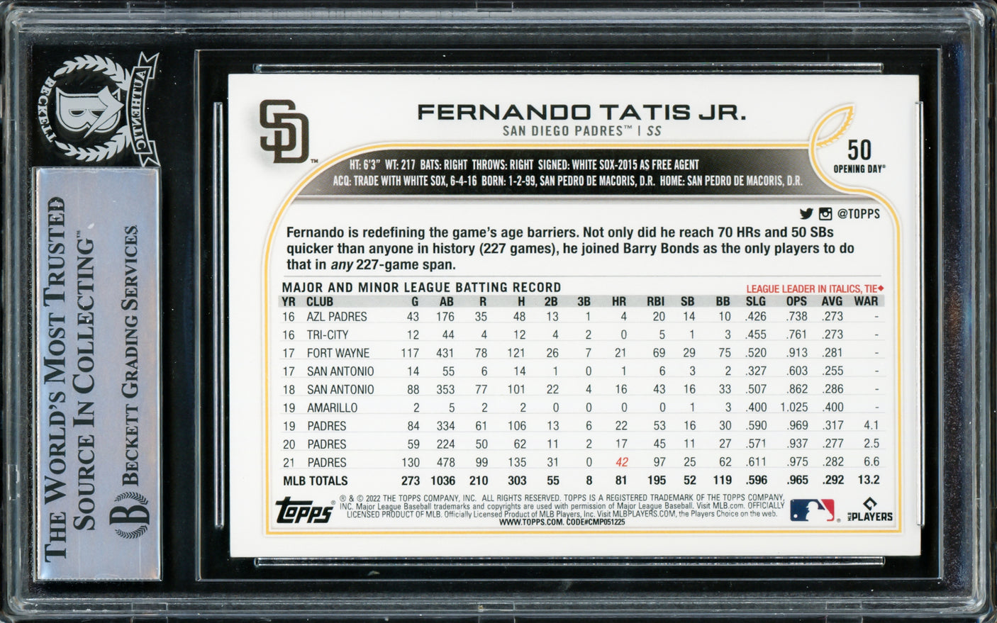 Fernando Tatis Jr. Autographed 2022 Topps Opening Day Card #50 San Diego Padres Beckett BAS #15782570