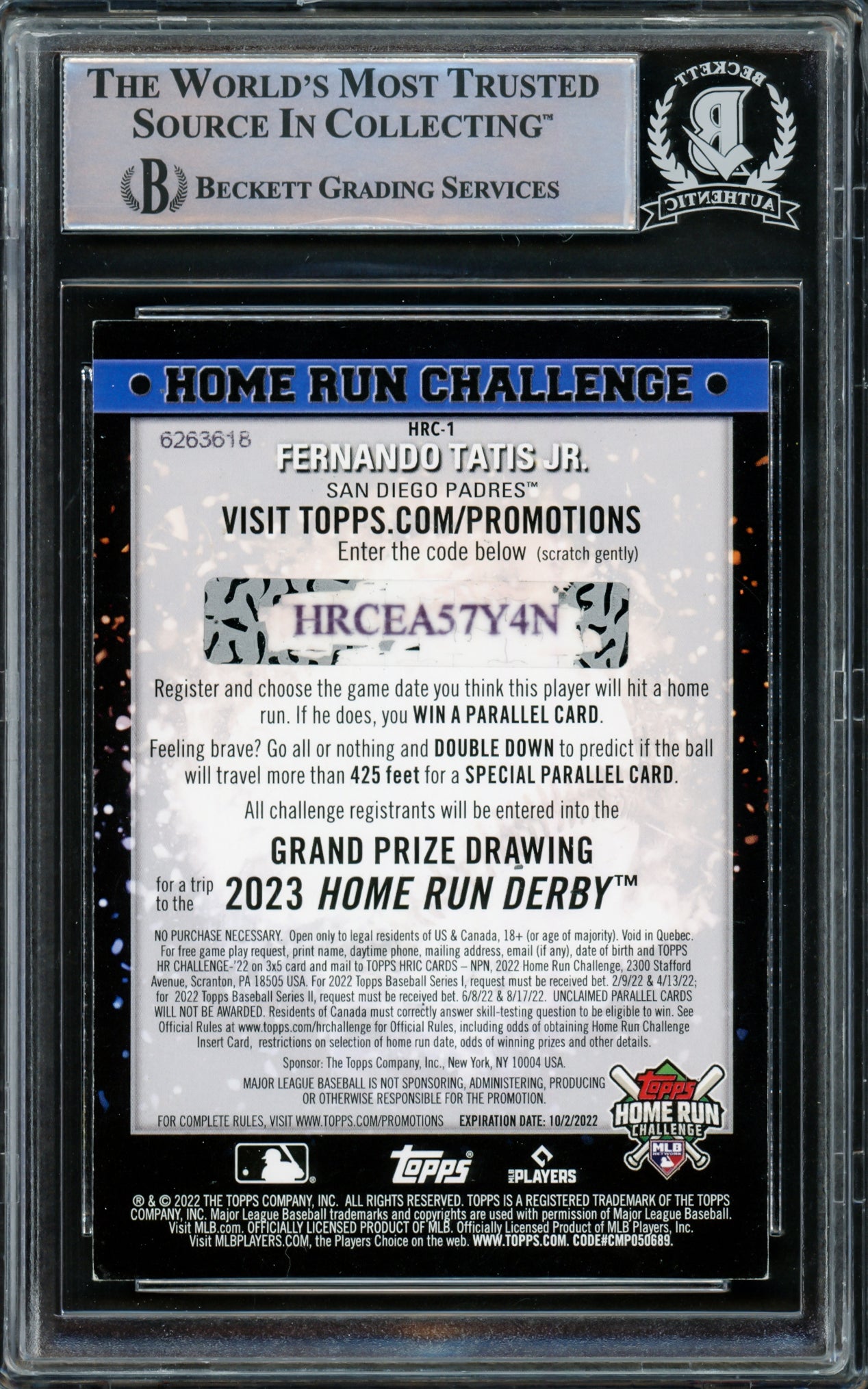 Fernando Tatis Jr. Autographed 2022 Topps Home Run Challenge Card #HRC-1 San Diego Padres Beckett BAS #15782572