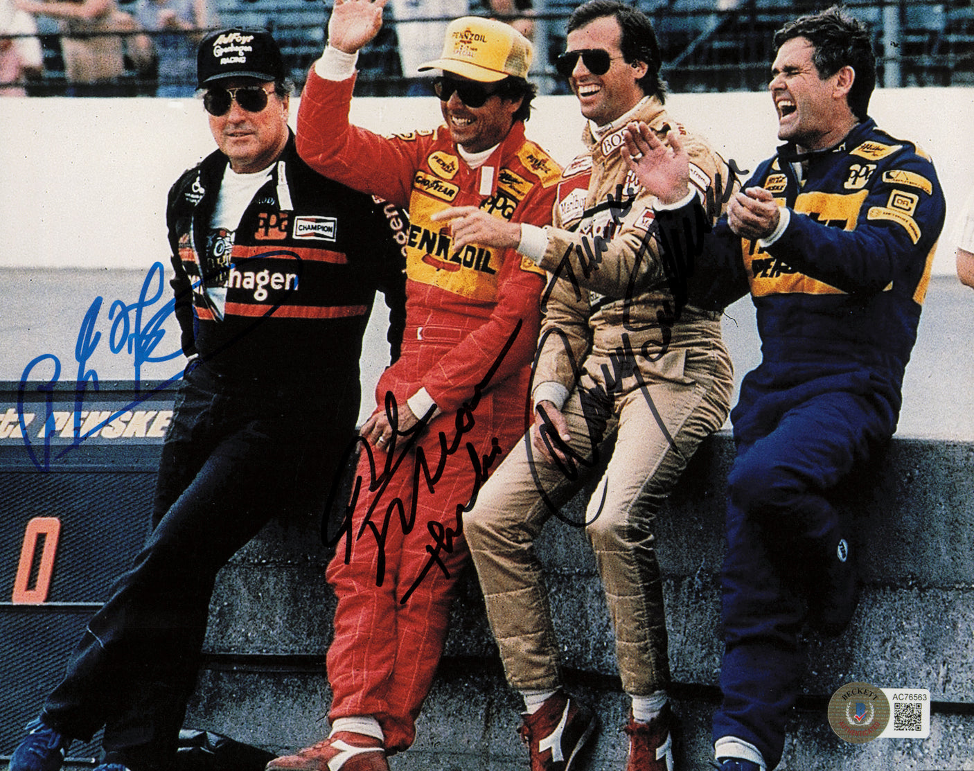 A.J. Foyt, Rick Mears & Danny Sullivan Autographed 8x10 Photo Beckett BAS #AC76563