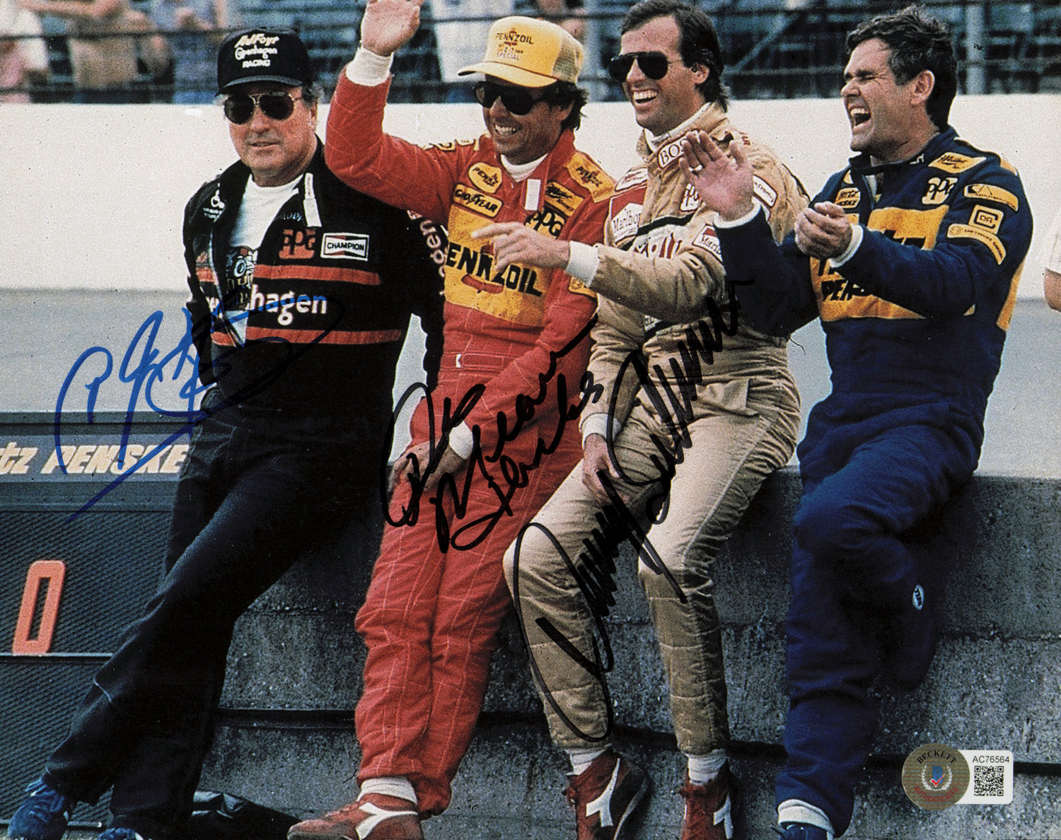 A.J. Foyt, Rick Mears & Danny Sullivan Autographed 8x10 Photo Beckett BAS #AC76564