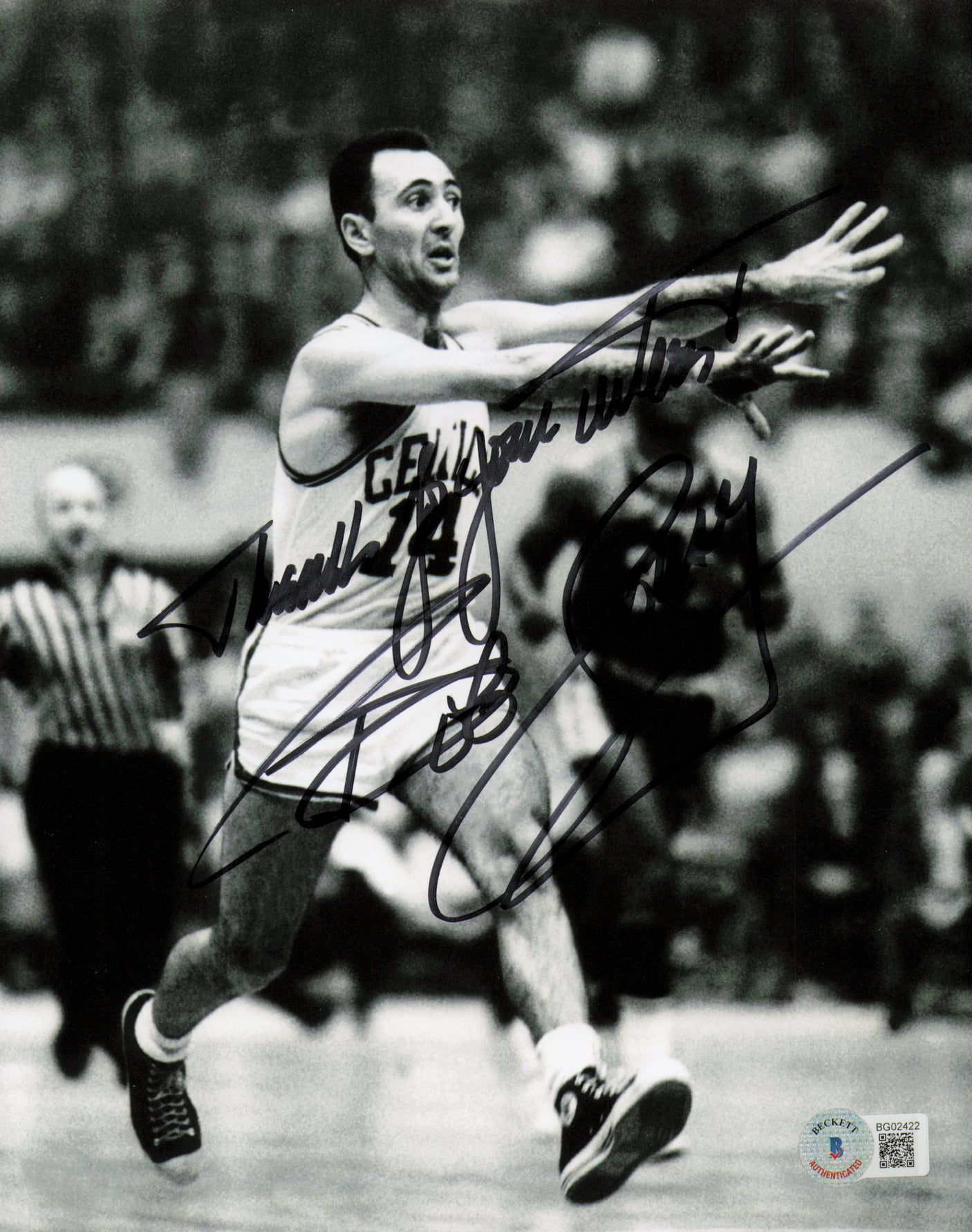 Bob Cousy Autographed 8x10 Photo Boston Celtics "Thanks For Your Wishes" Beckett BAS QR #BG02422