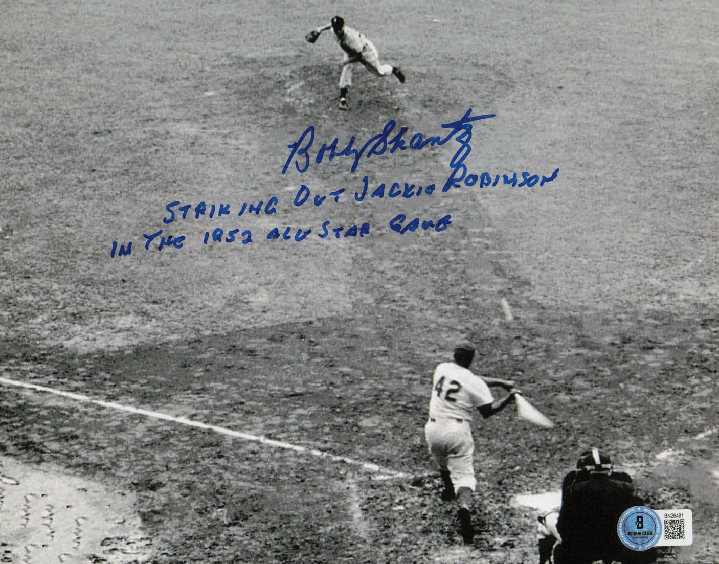 Bobby Shantz Autographed 8x10 Photo New York Yankees "Striking Out Jackie Robinson" Beckett BAS QR #BN26481