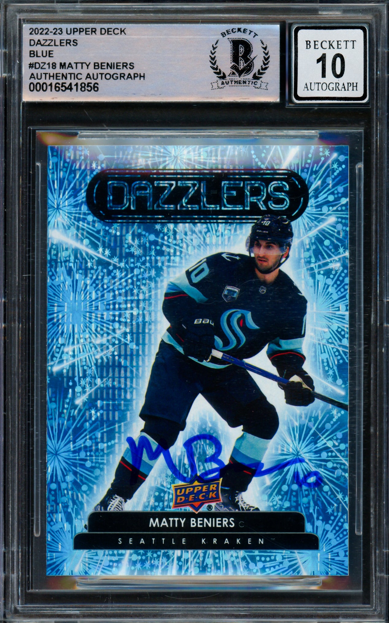 Matty Beniers Autographed 2022-23 Upper Deck Dazzlers Blue Rookie Card #DZ18 Seattle Kraken Auto Grade Gem Mint 10 "#10" Beckett BAS #16541856