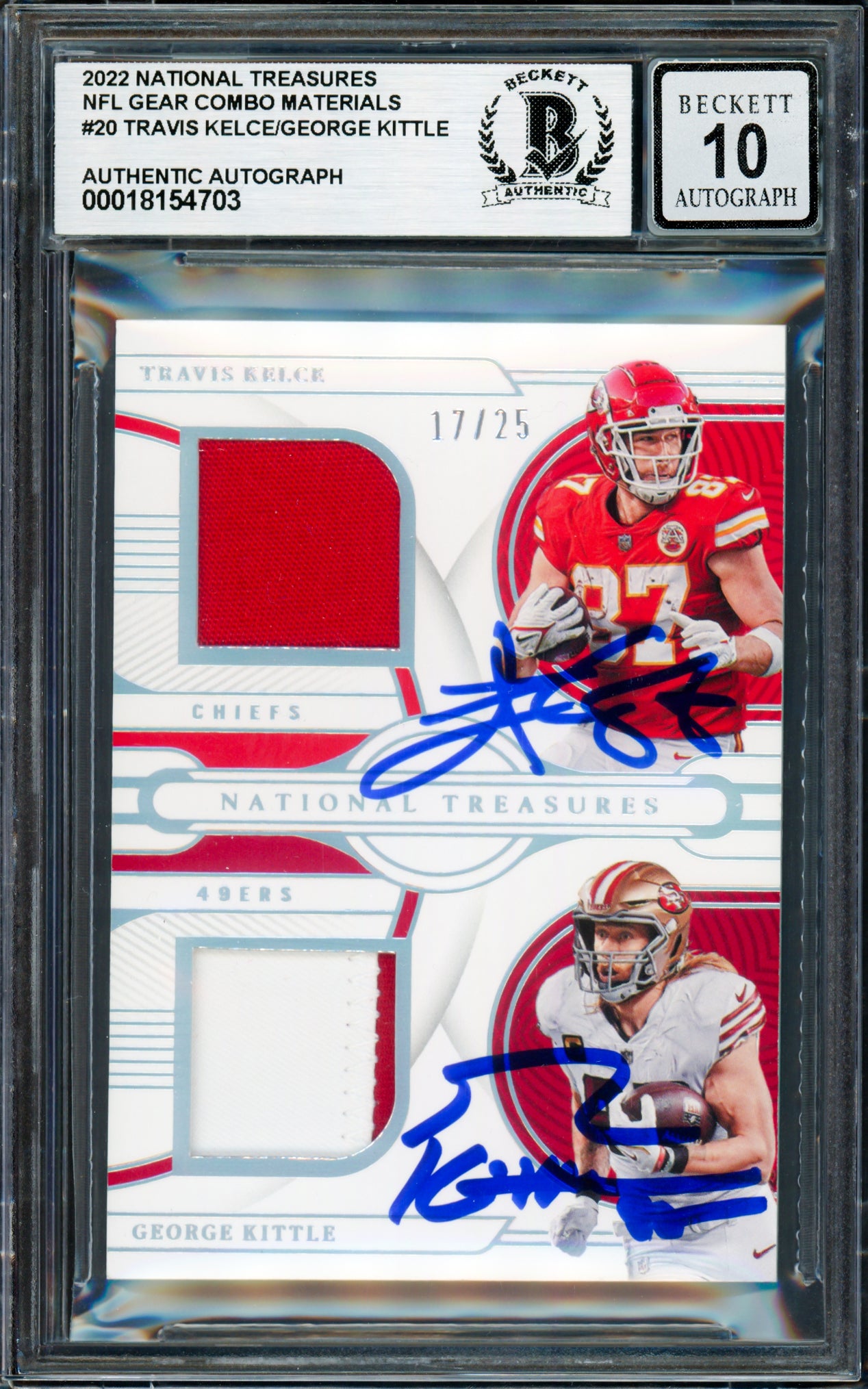 Travis Kelce & George Kittle Autographed 2022 National Treasures NFL Gear Combo Materials Card #20 Auto Grade Gem Mint 10 #17/25 Beckett BAS #18154703