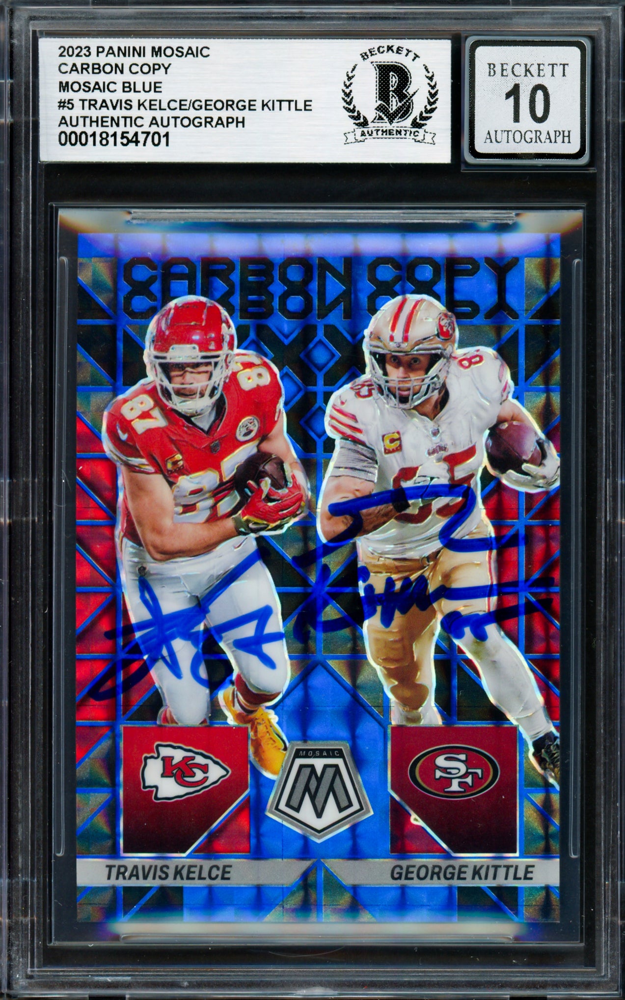Travis Kelce & George Kittle Autographed 2023 Panini Mosaic Blue Card #5 Auto Grade Gem Mint 10 #12/99 Beckett BAS #18154701