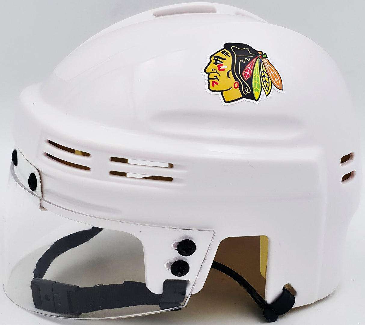 Chevy Chase Autographed Chicago Blackhawks White Speed Mini Helmet Beckett BAS QR #AD34221