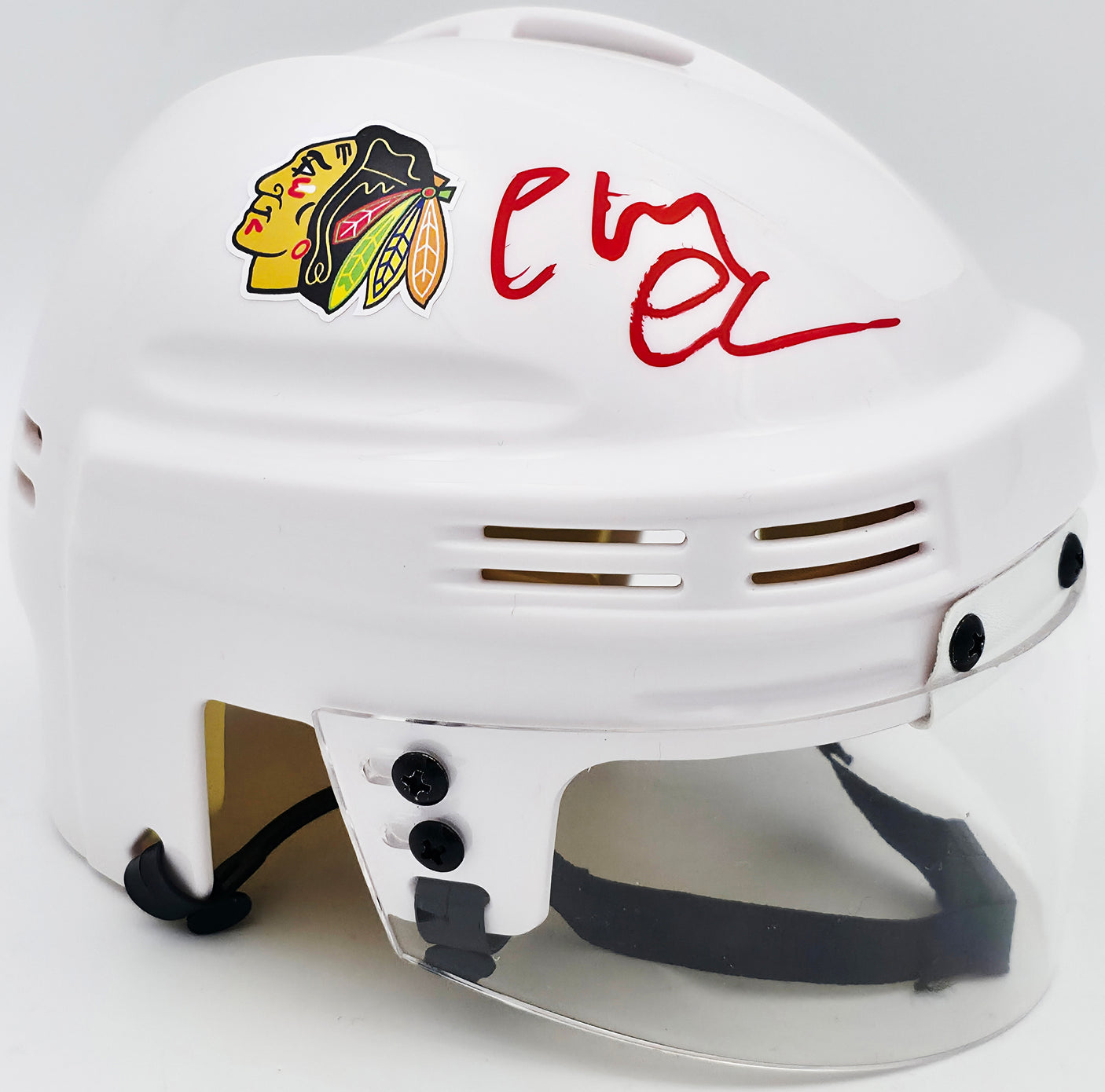Chevy Chase Autographed Chicago Blackhawks White Speed Mini Helmet Beckett BAS QR #AD34234