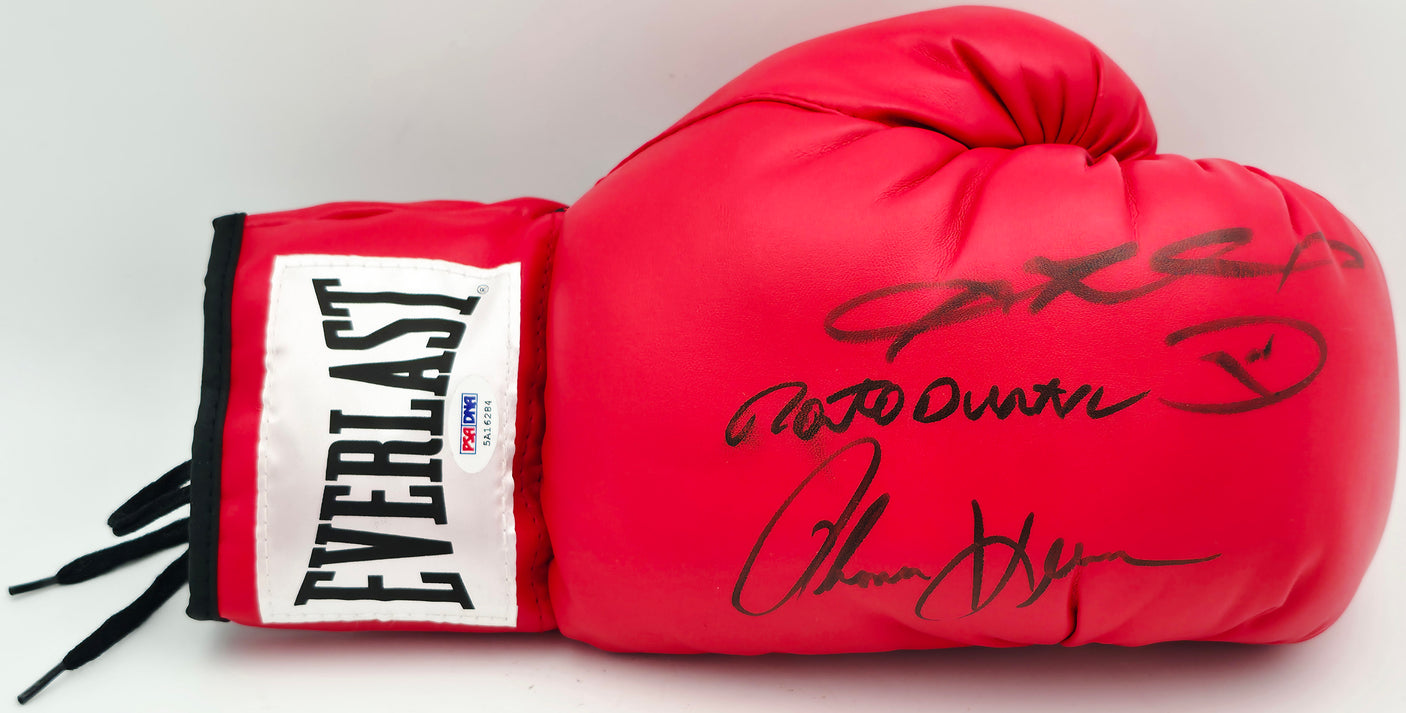 Boxing Greats Autographed Black Everlast Boxing Glove Signed By Sugar Ray Leonard, Thomas "Hitman" Hearns & Roberto Duran RH PSA/DNA #5A16284