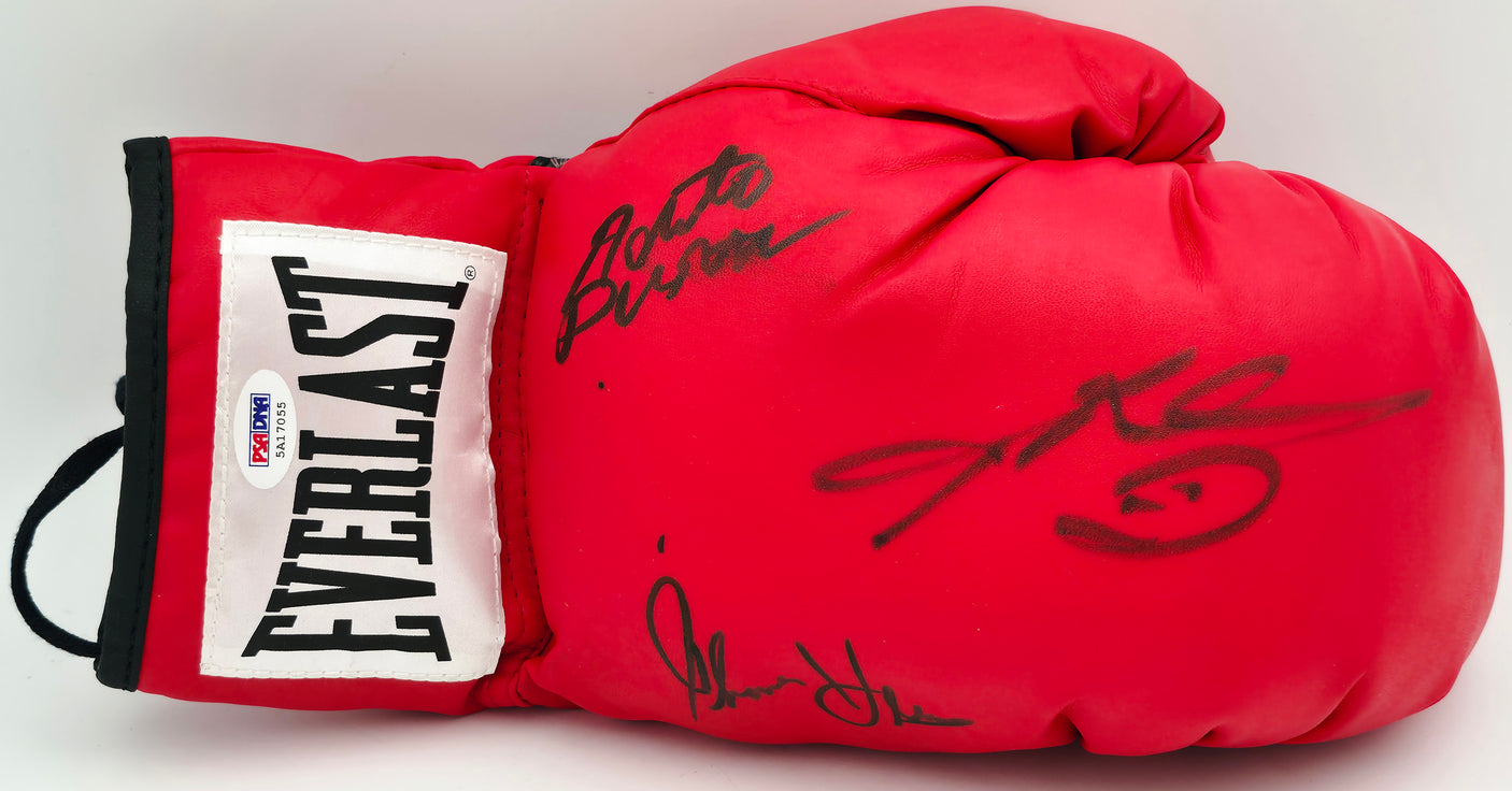 Boxing Greats Autographed Black Everlast Boxing Glove Signed By Sugar Ray Leonard, Thomas "Hitman" Hearns & Roberto Duran RH PSA/DNA #5A17055
