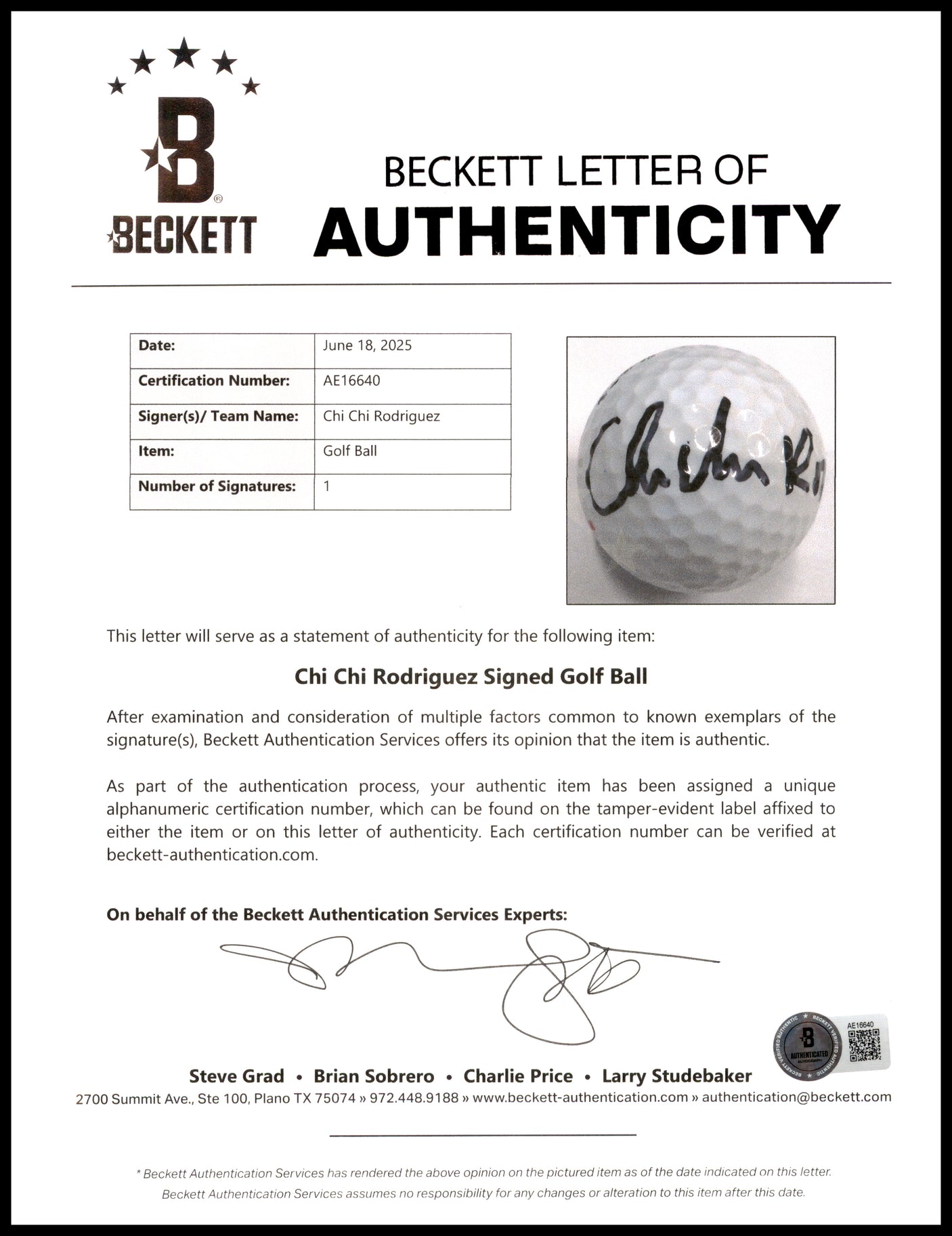 Chi Chi Rodriguez Autographed Rawlings Golf Ball Beckett BAS #AE16640