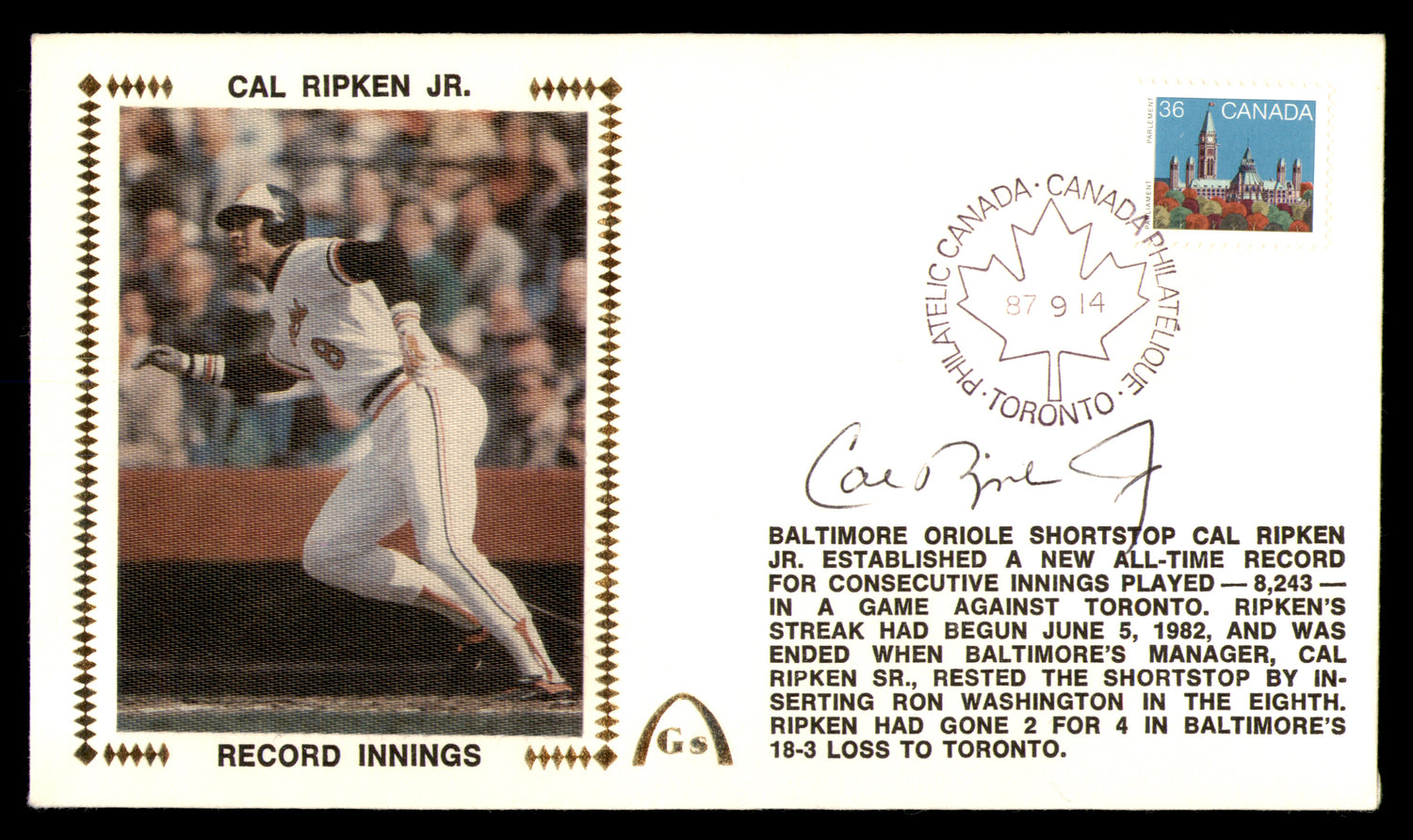 Cal Ripken Jr. Autographed First Day Cover Baltimore Orioles SKU #230454