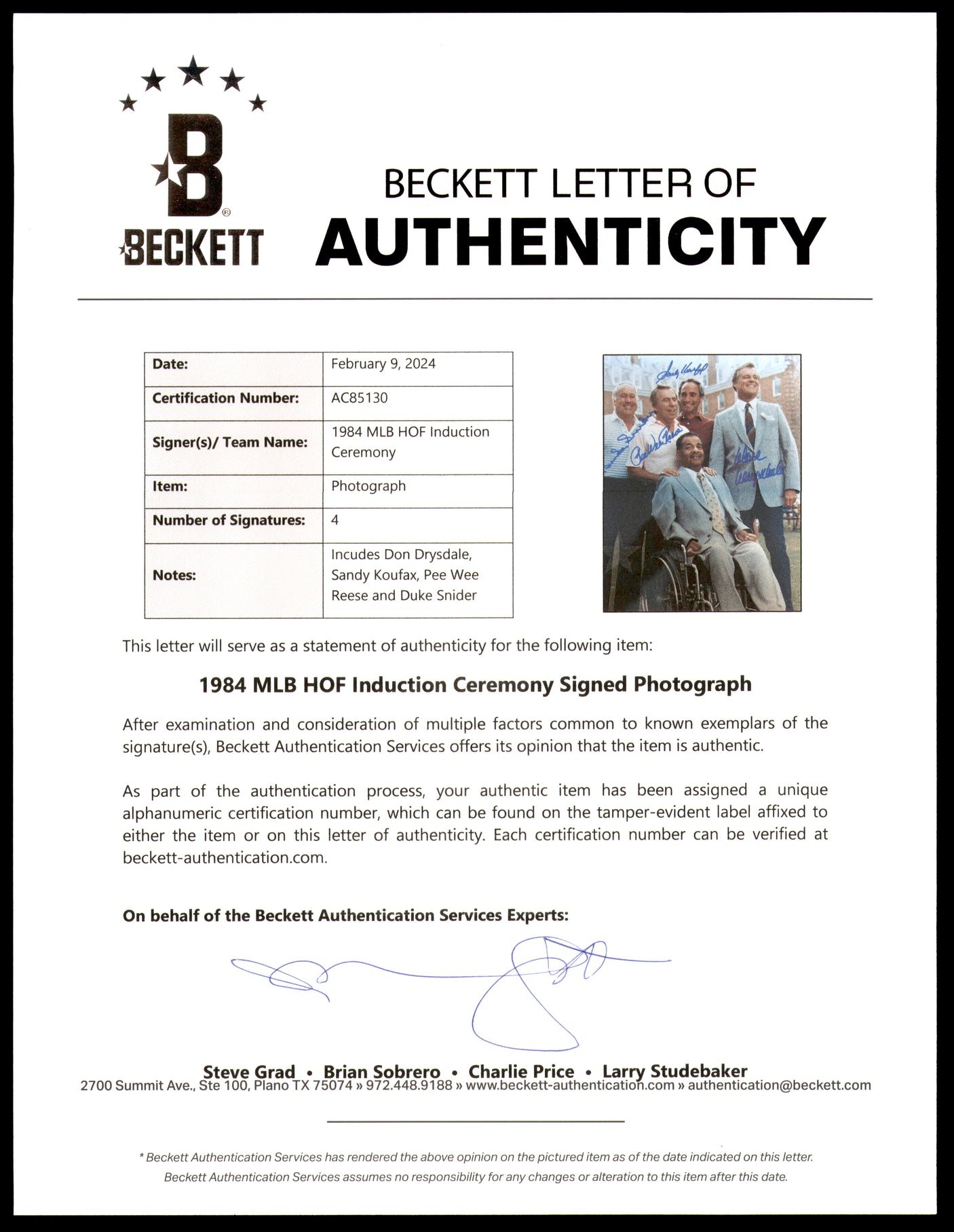 Sandy Koufax, Pee Wee Reese, Don Drysdale & Duke Snider Autographed 8x10 Photo Los Angeles Dodgers Beckett BAS #AC85130