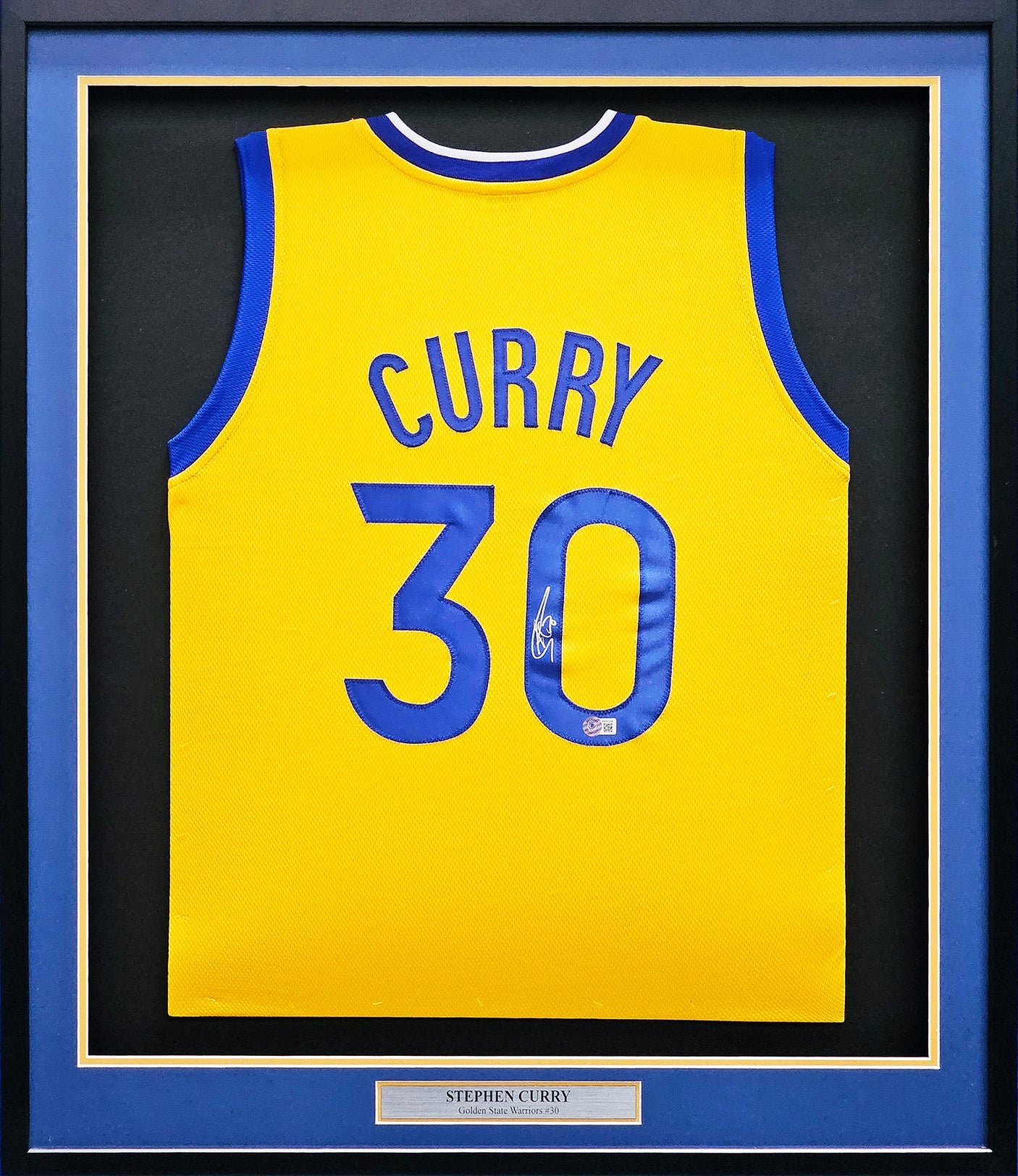 Golden State Warriors Stephen Curry Autographed Framed Yellow Jersey Beckett BAS Stock #215856