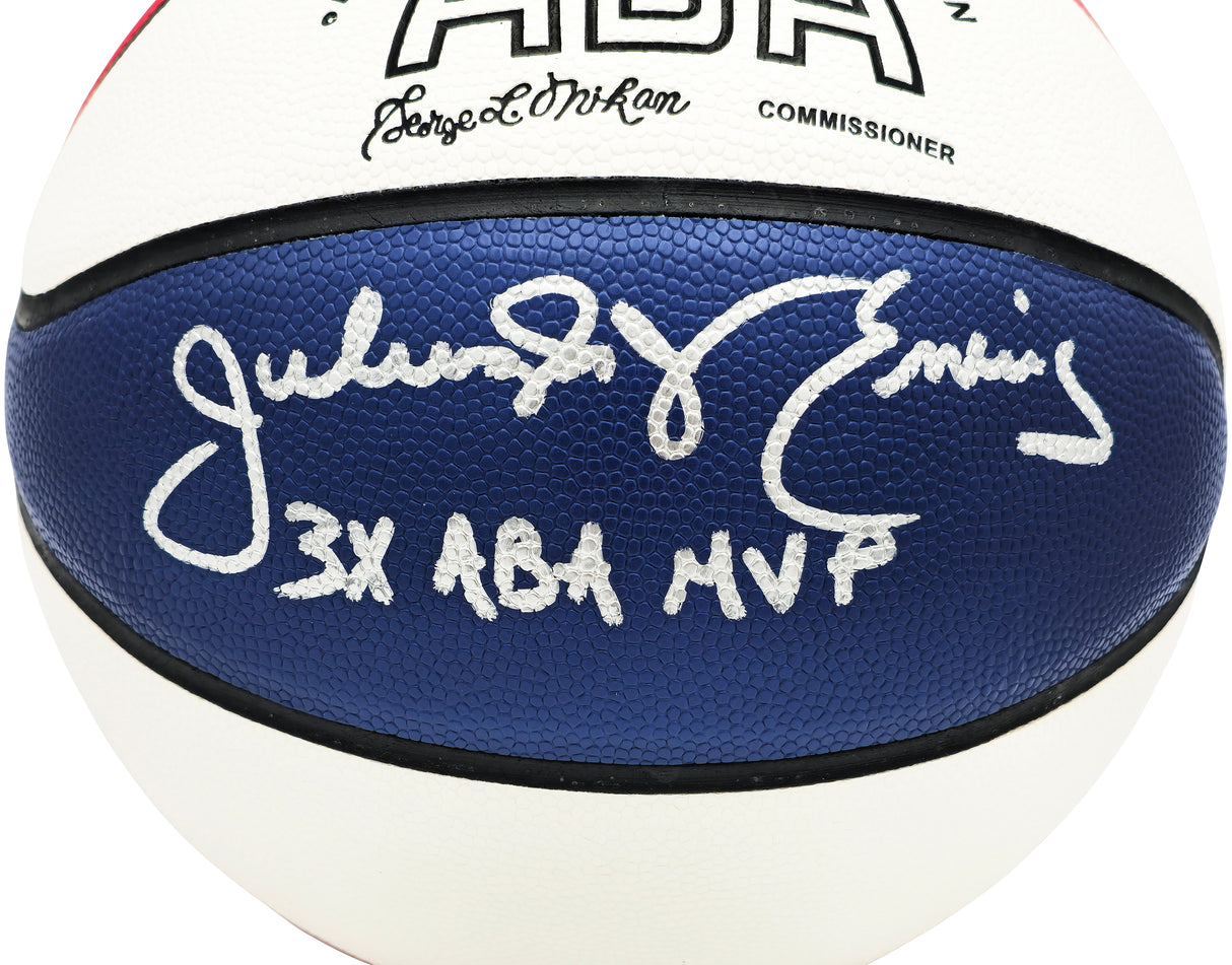 Julius "Dr. J" Erving Autographed Official ABA Logo Red, White & Blue Basketball New Jersey Nets "3x ABA MVP" Beckett BAS Witness Stock #230289