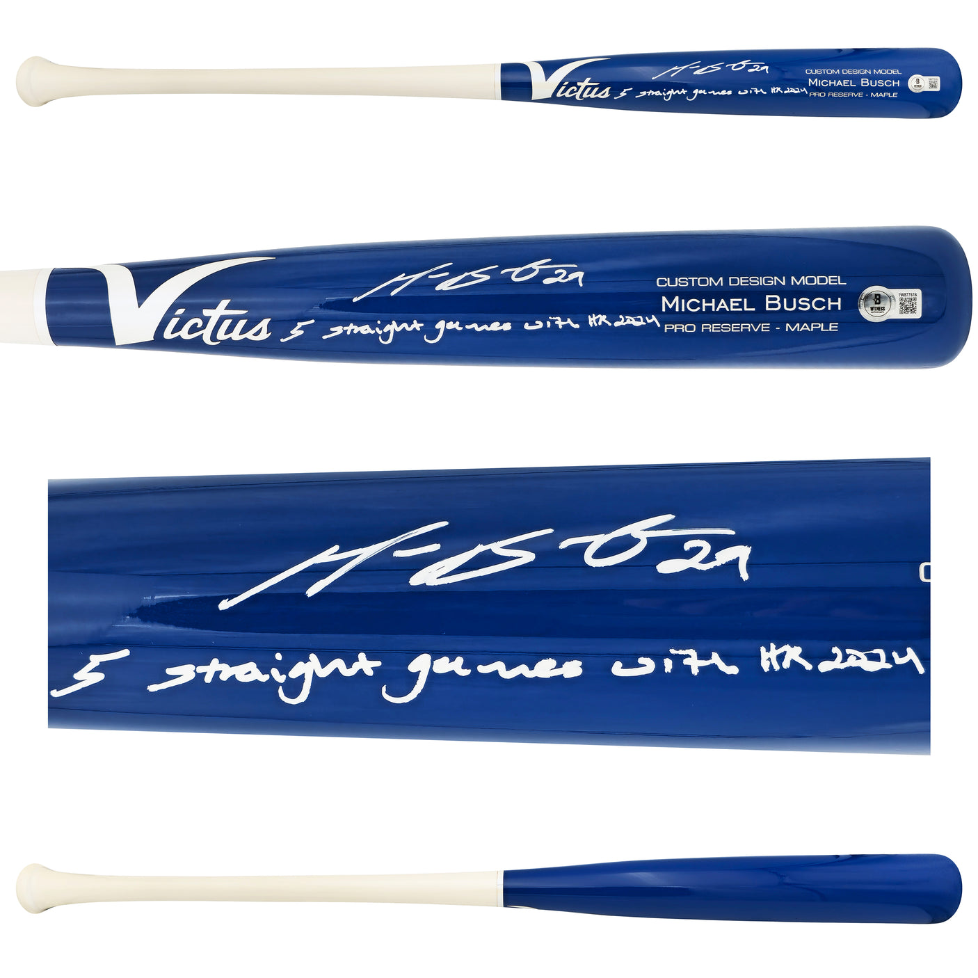 Michael Busch Autographed Blue Victus Player Model Baseball Bat Chicago Cubs "5 Straight Games With HR 2024" Beckett BAS Witness Stock #230274