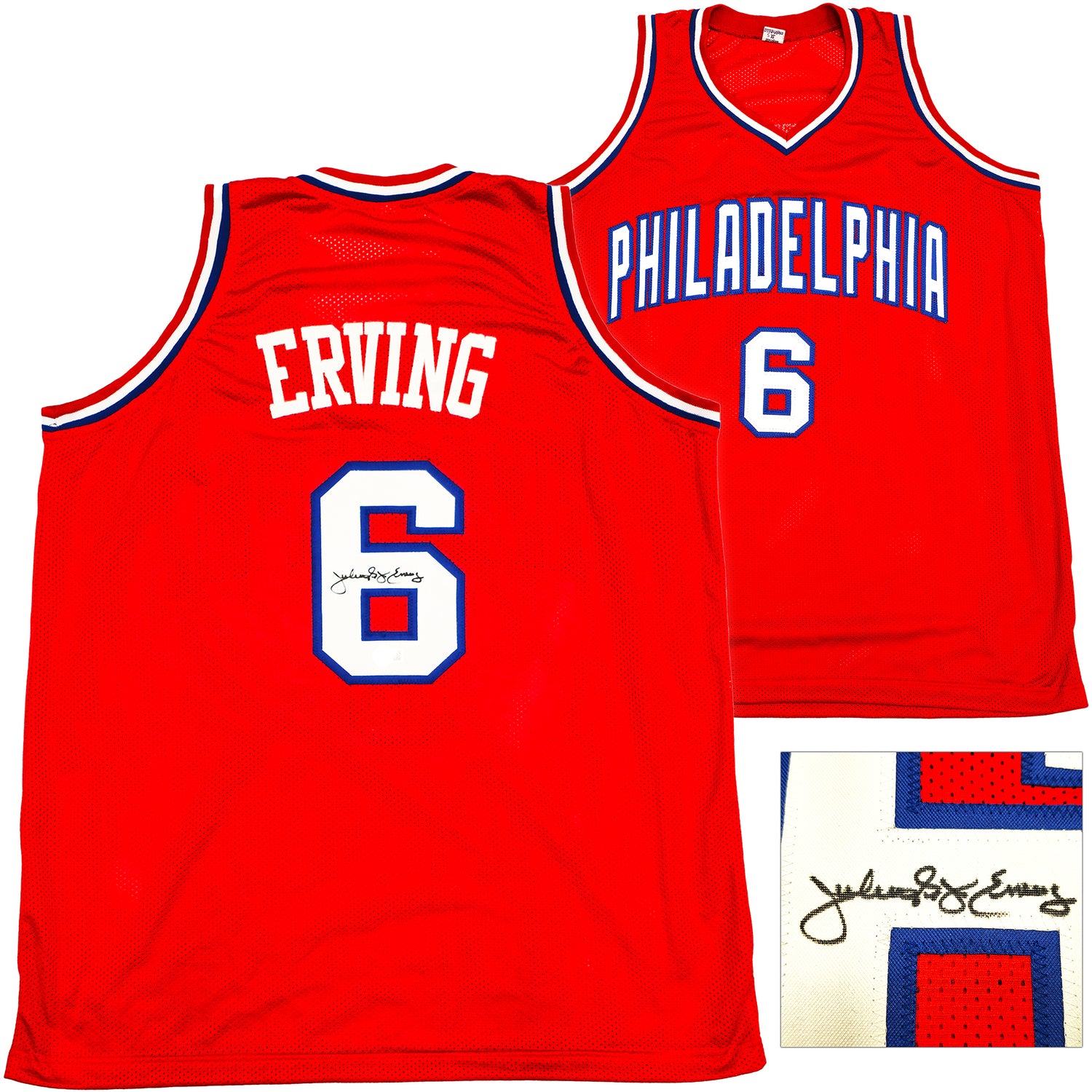 Philadelphia 76ers Julius "Dr. J" Erving Autographed Red Jersey Beckett BAS Witness Stock #230292