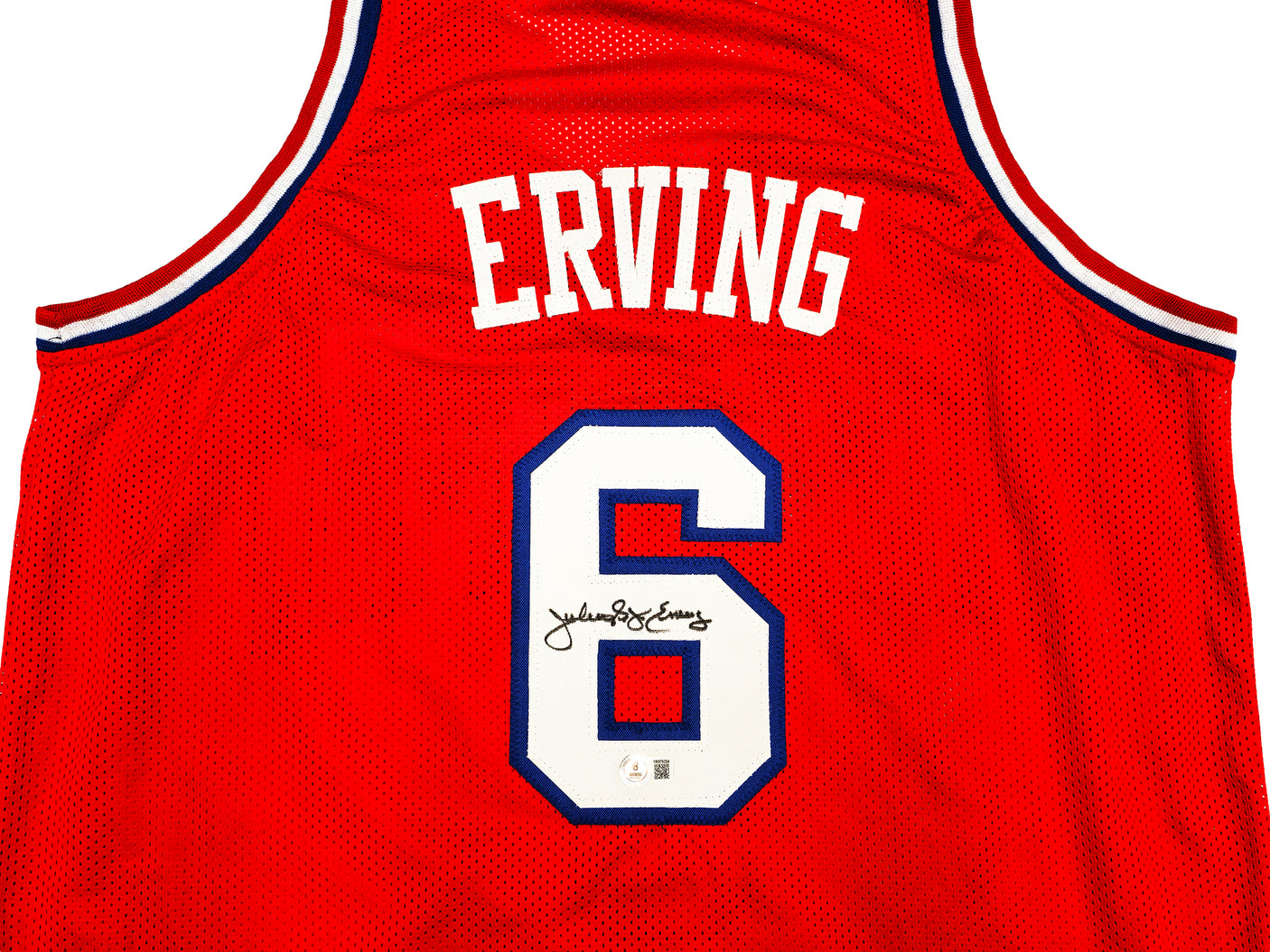 Philadelphia 76ers Julius "Dr. J" Erving Autographed Red Jersey Beckett BAS Witness Stock #230292